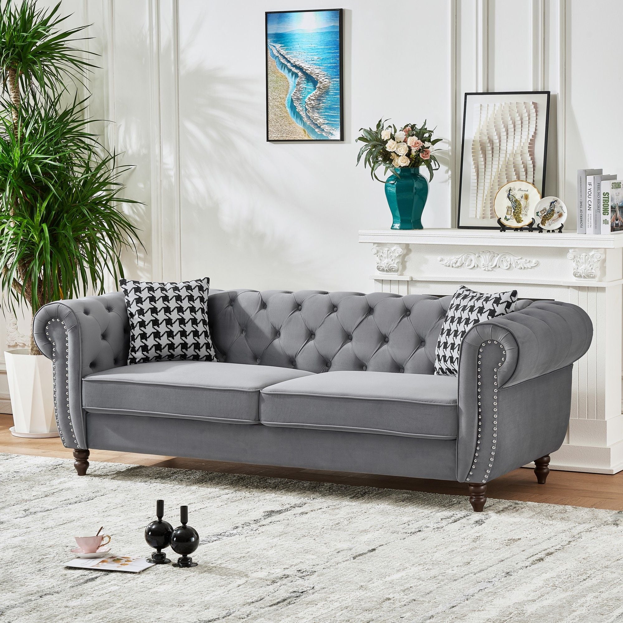 Chesterfield Upholstery Fabric Sofa With Roll Armrest & Nailhead, Mid Century Modern 3 And 3 Seater Couch - Image 9