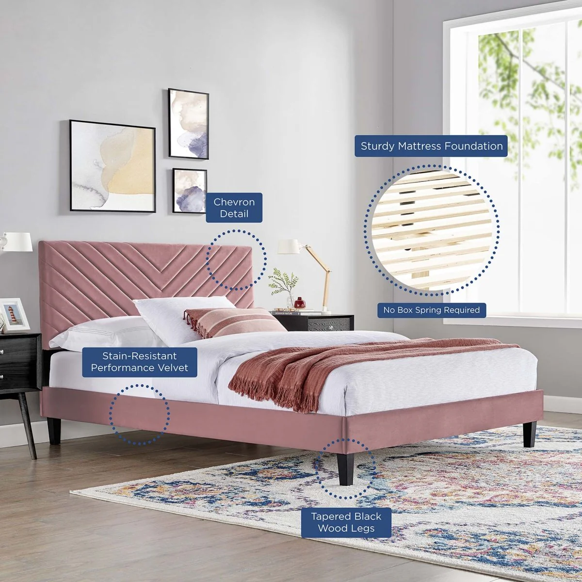 Chevron Tufted Performance Velvet Platform Bed with Tapered Black Legs - Image 24