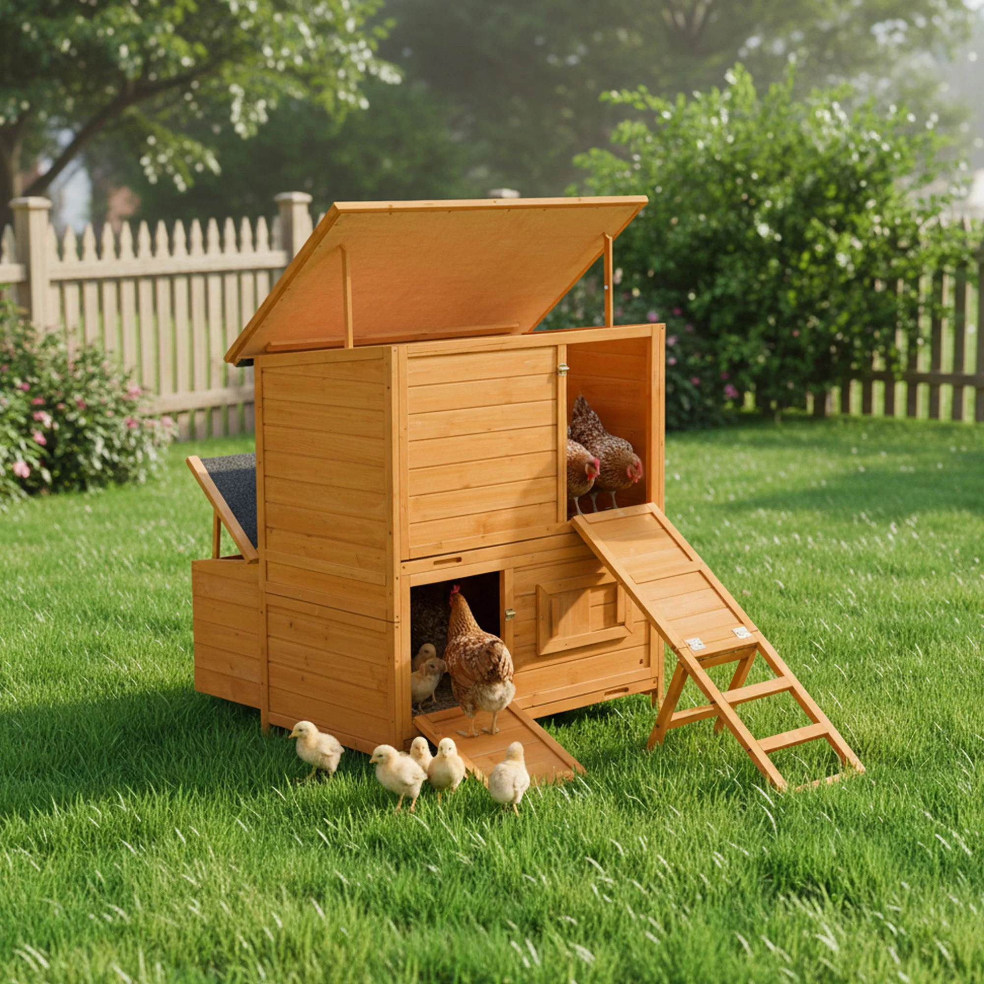 Chicken Coop, Large Chicken Coop With 3 Nesting Boxes, Foldable Ramp And Flip Up Asphalt Roof - Orange - Image 5