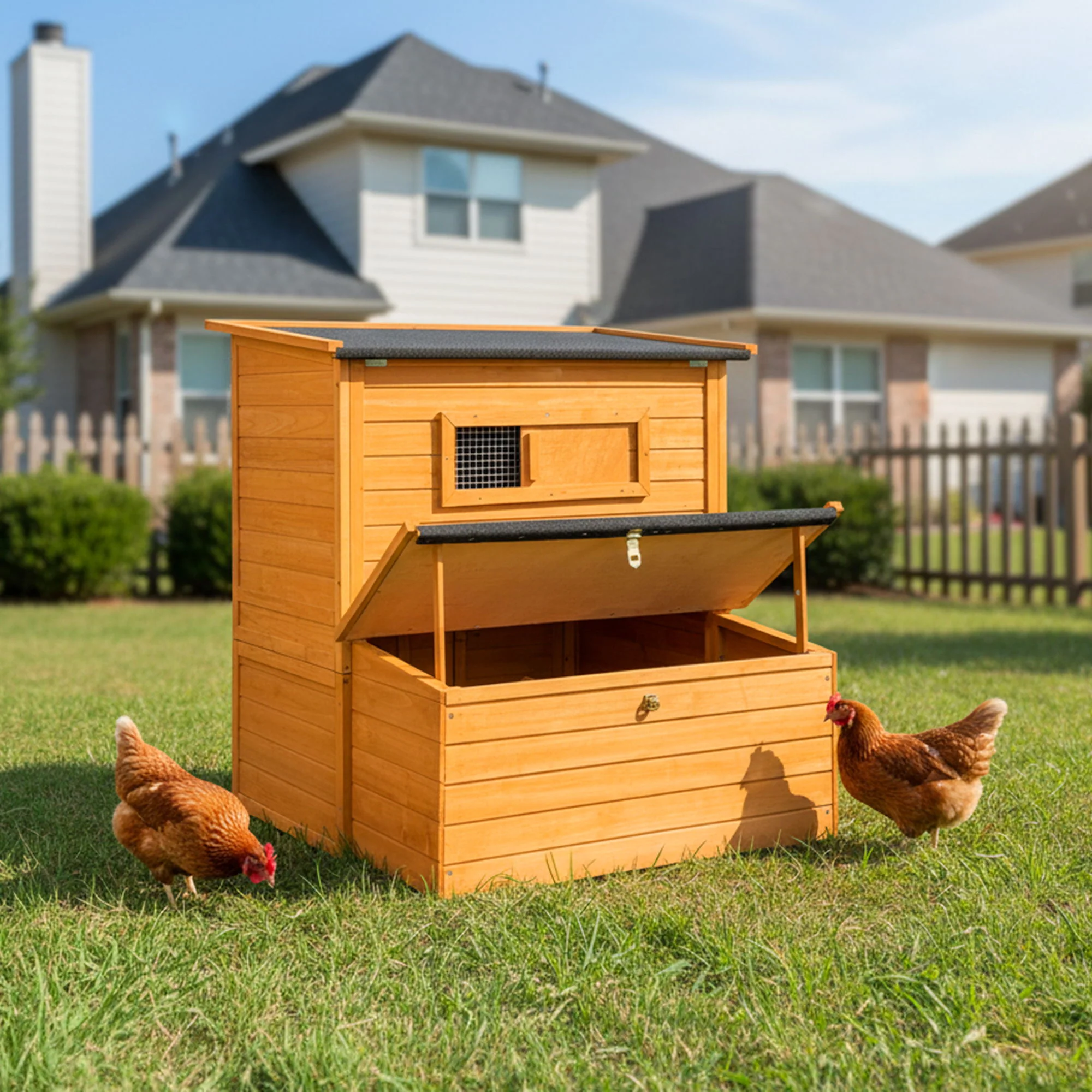 Chicken Coop, Large Chicken Coop With 3 Nesting Boxes, Foldable Ramp And Flip Up Asphalt Roof - Orange - Image 9
