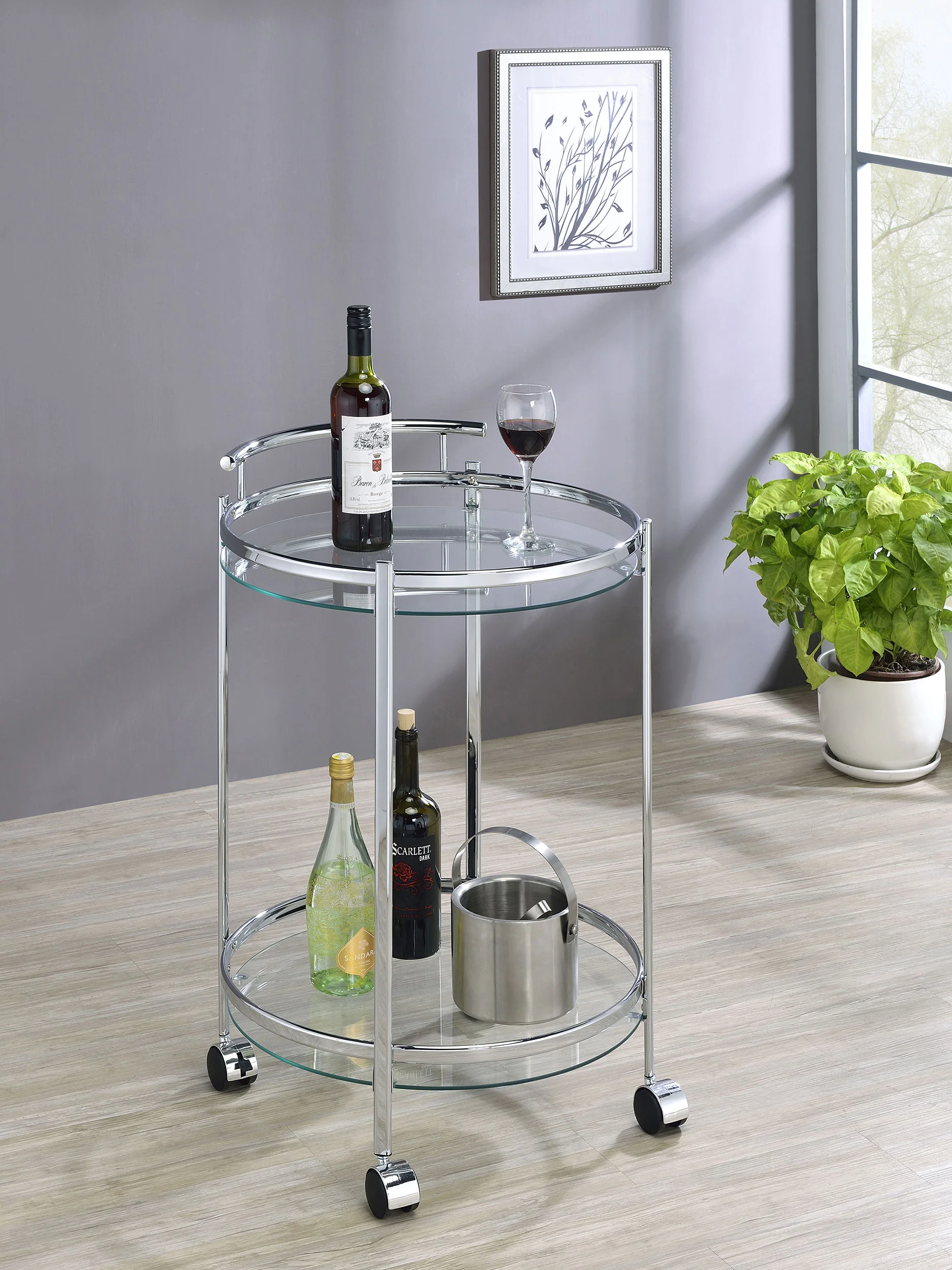 Chrissy Round Glass Shelf Metal Bar Cart Chrome - Image 4