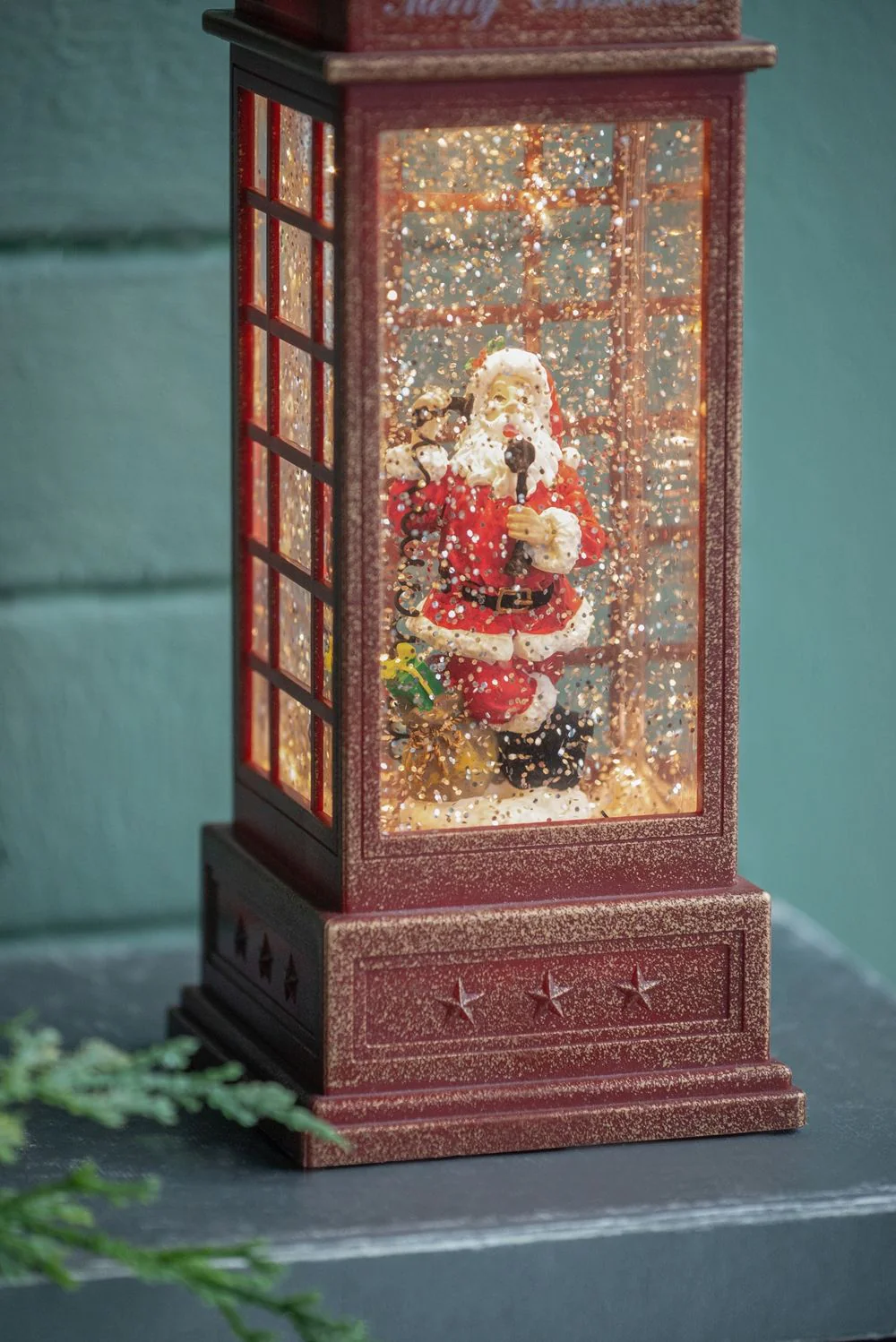 Christmas Lighted Water Spinning Phone Booth With Santa On Phone, 3*AA Batteries Required - White / Red - Image 2