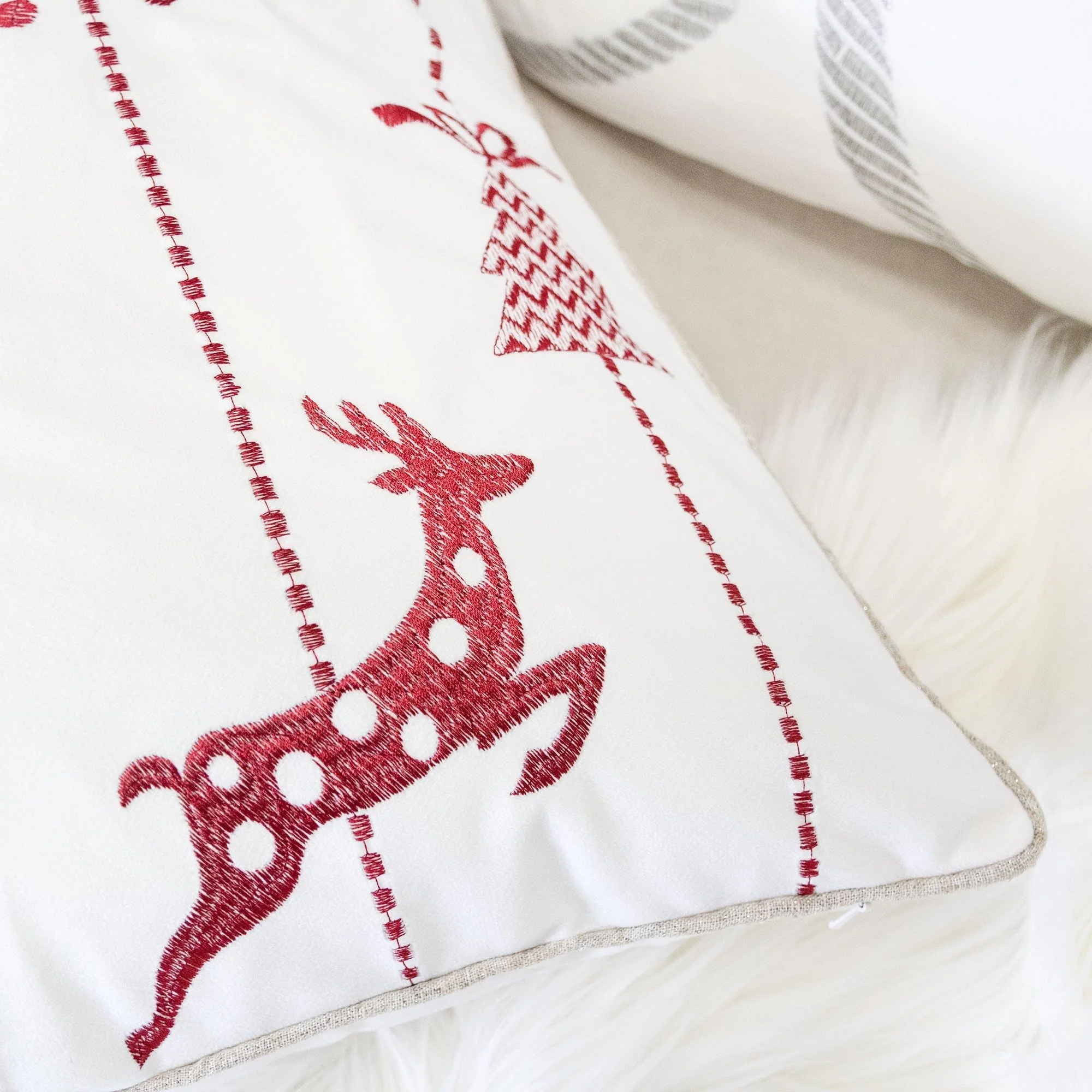 Christmas Throw Pillow With Embroidered Reindeer And Snowflakes - White - Image 2
