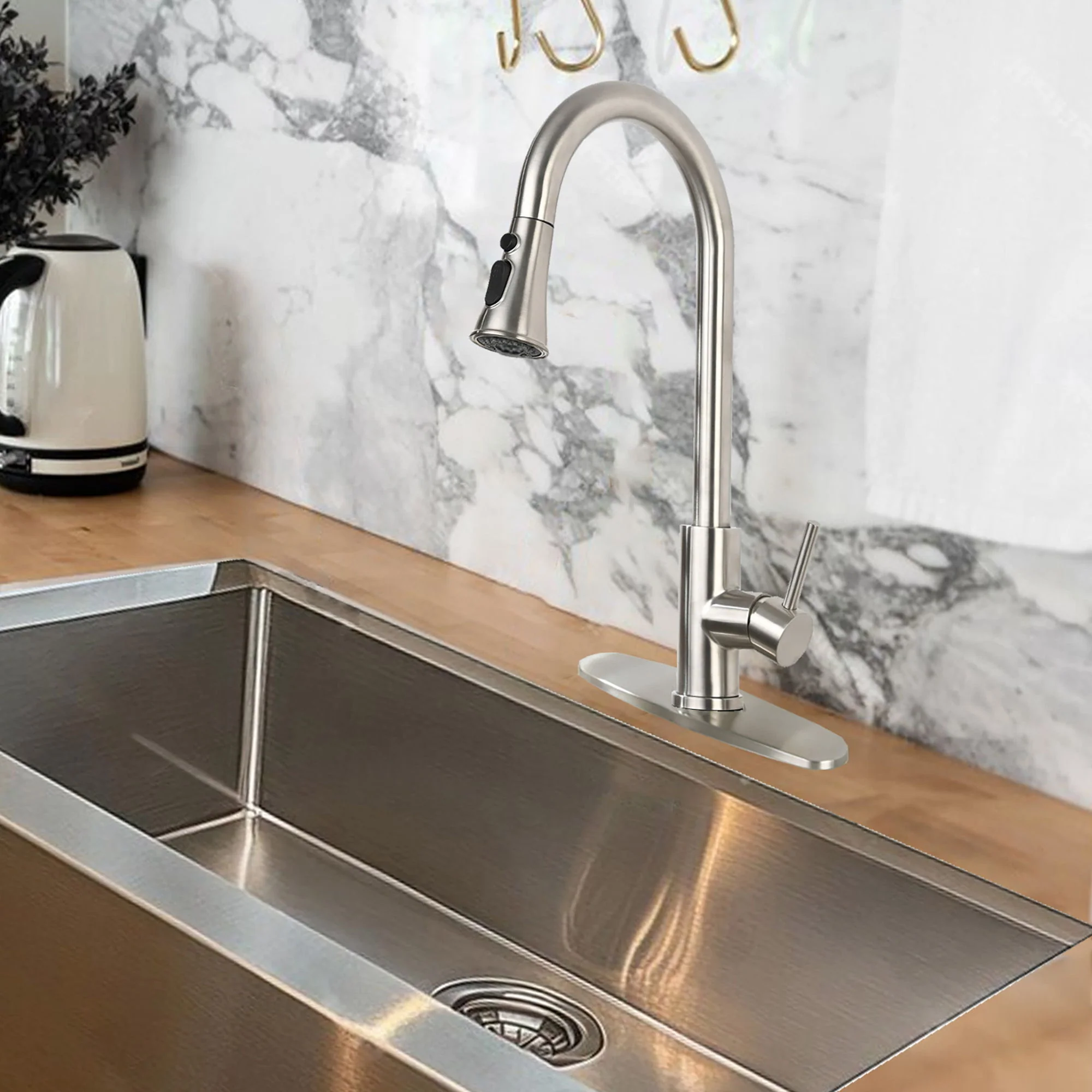 Classic High Arc Kitchen Faucet With Pull Down Sprayer, Stainless Steel - Brushed Nickel - Image 7