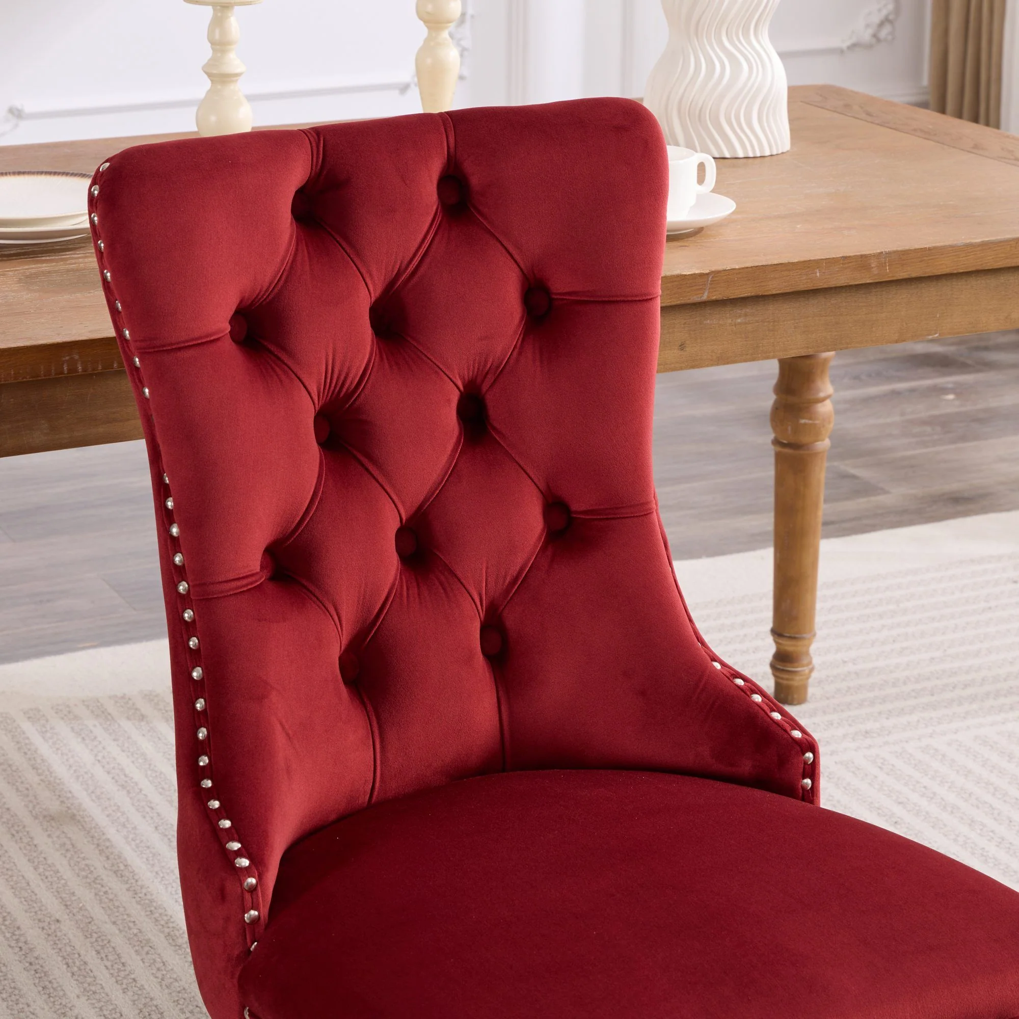 Classic Velvet Dining Chairs, High-End Tufted Solid Wood Contemporary Velvet Upholstered Dining Chair With Wood Legs Nailhead (Set of 2) - Burgundy - Image 4