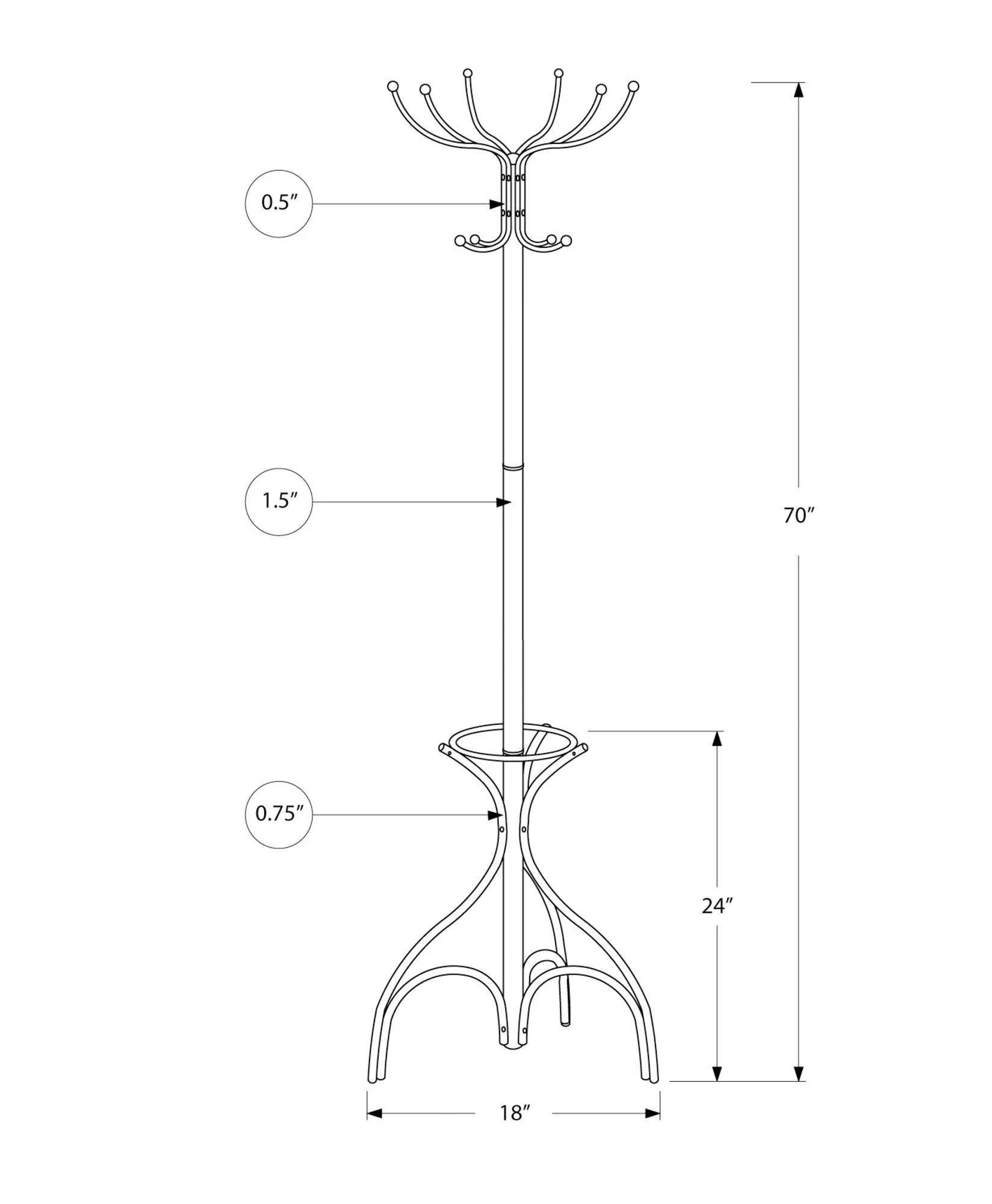 Coat Rack, Hall Tree, Free Standing, 12 Hooks, Entryway, 70"H, Umbrella Holder, Contemporary & Modern - Image 10
