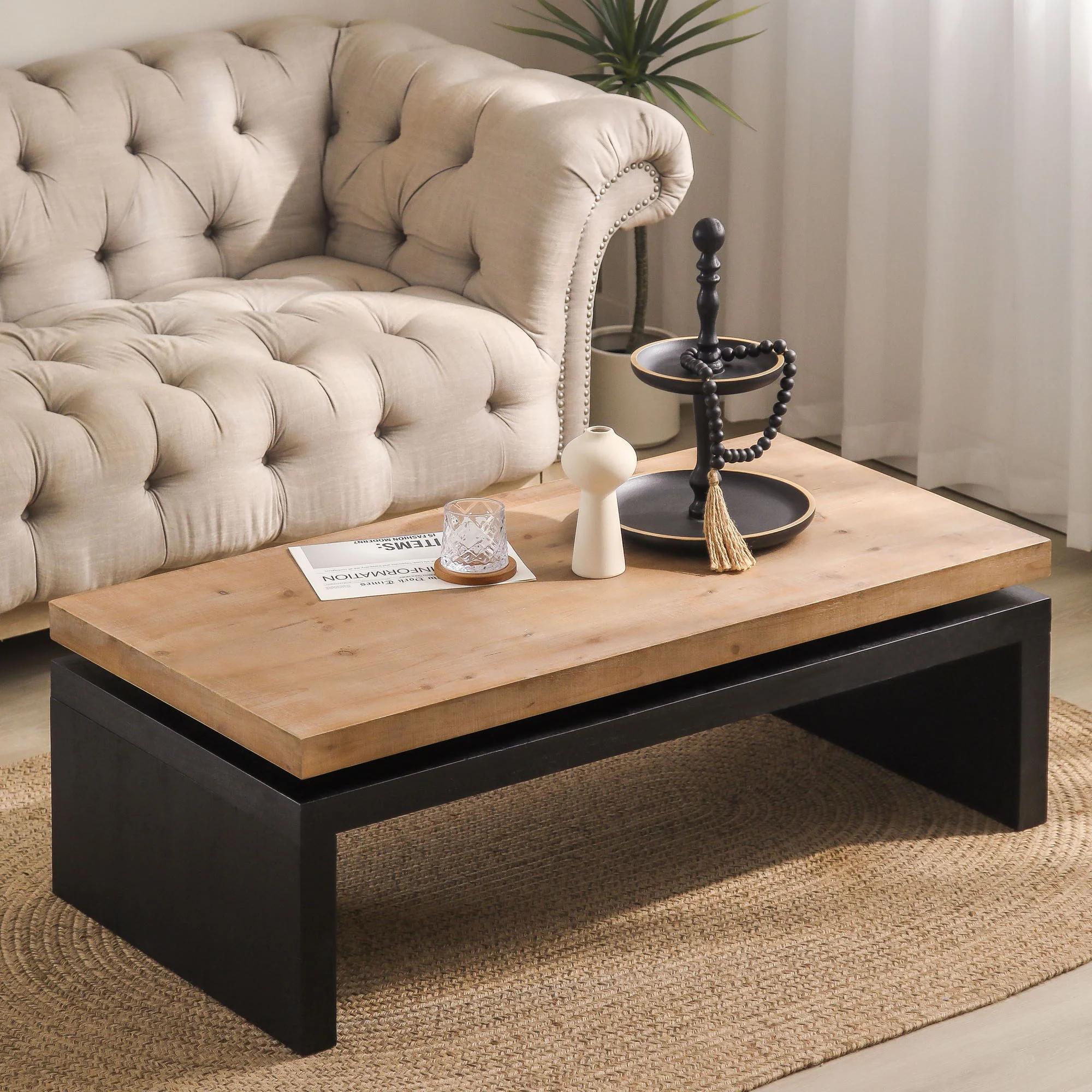 Coffee Table Rectangular Center Table For Living Room - Black / Natural / Multi / Natural Multi / Natural Wood / Natural Wood Wash - Image 4