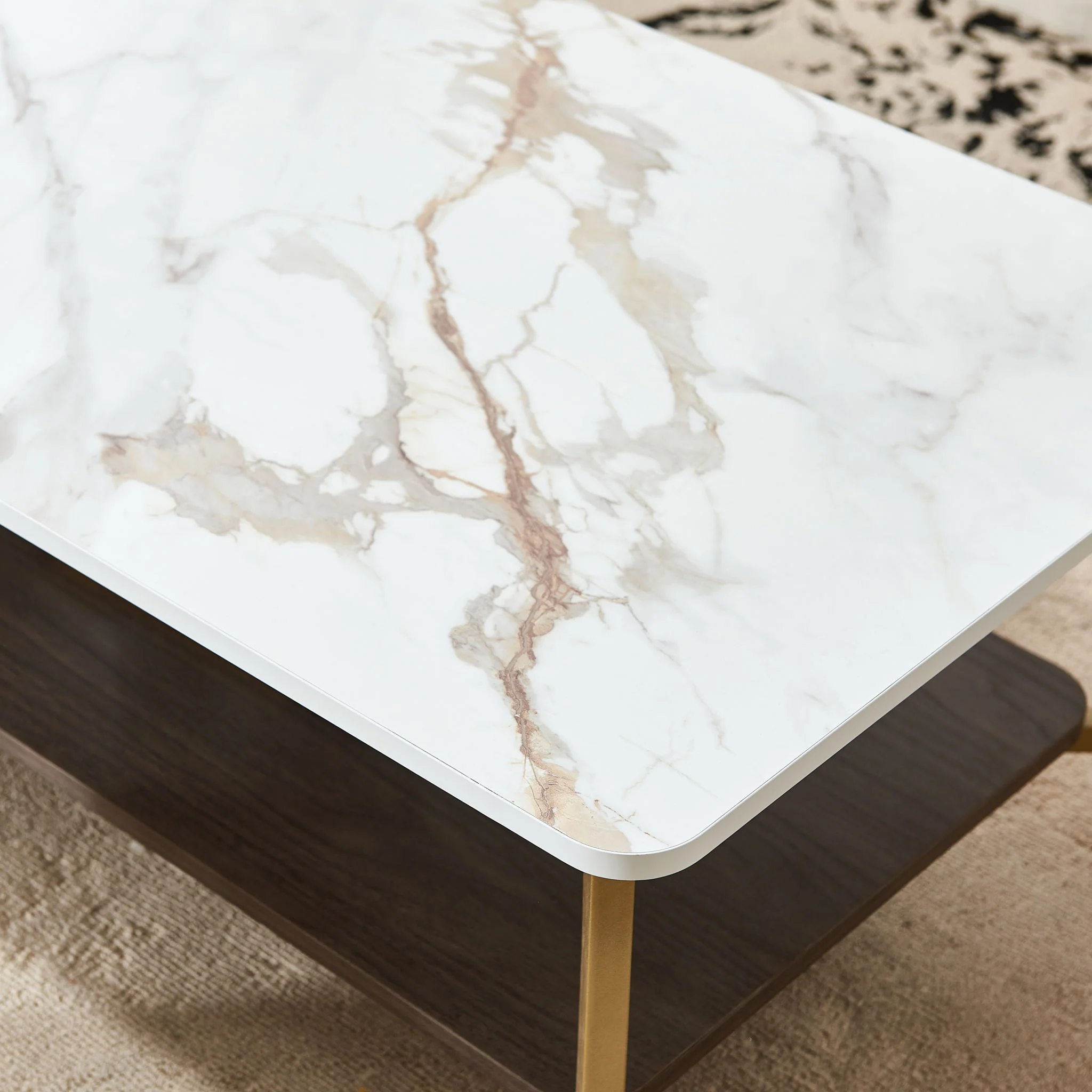 Coffee Table Rectangular Center Table For Living Room Open Space Side Table With Metal Frame - Golden / White - Image 9