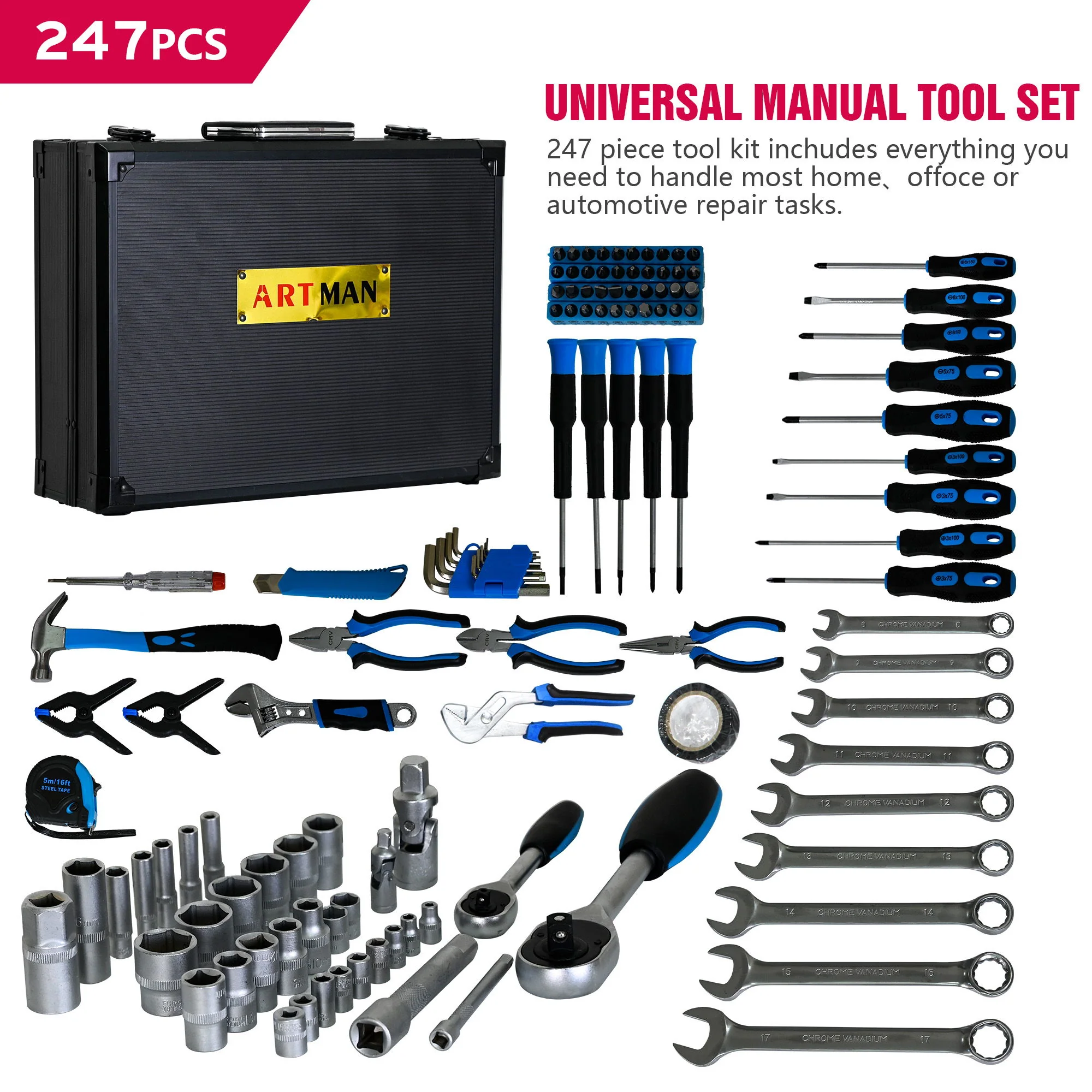 Combined Maintenance Tool Suitcase 247 Pieces Of Basic Home Maintenance Tool Set General Machinery Tool Set - Blue - Image 3