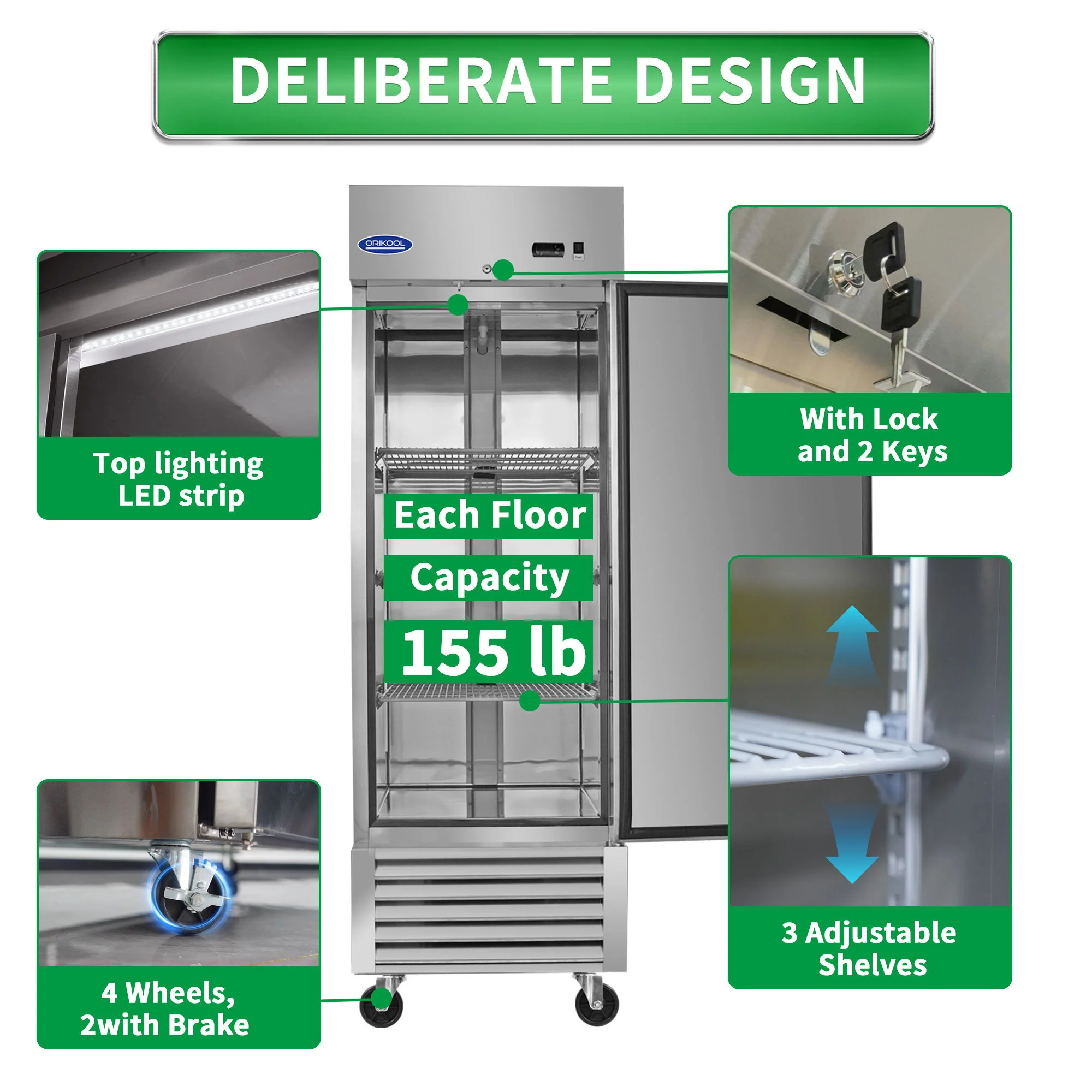 Commercial Refrigerator 23 Cu.Ft With 1 Solid Door Reach-In Refrigerators Stainless Steel Etl Approved Upright Fridge Storage - Silver - Image 3