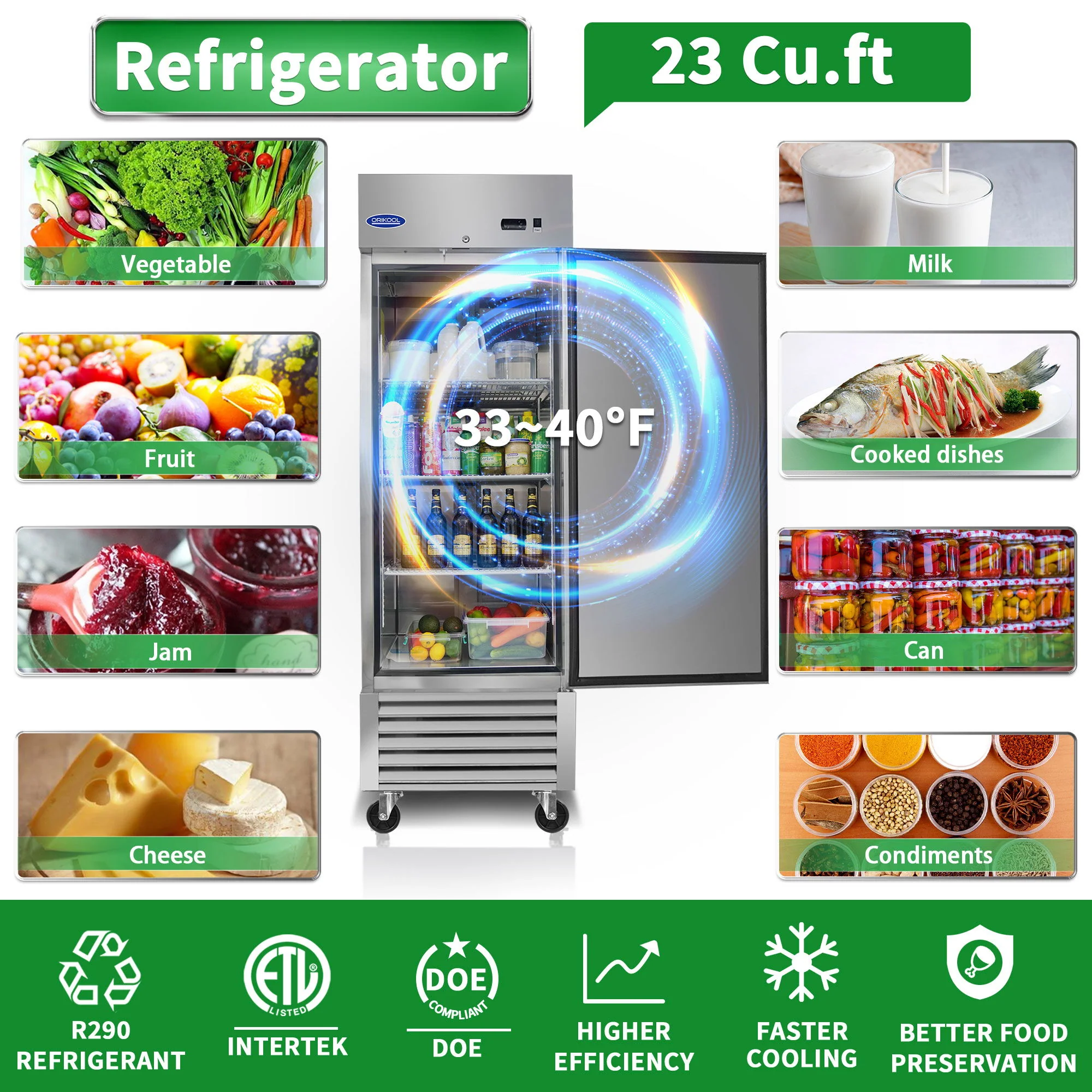 Commercial Refrigerator 23 Cu.Ft With 1 Solid Door Reach-In Refrigerators Stainless Steel Etl Approved Upright Fridge Storage - Silver - Image 9