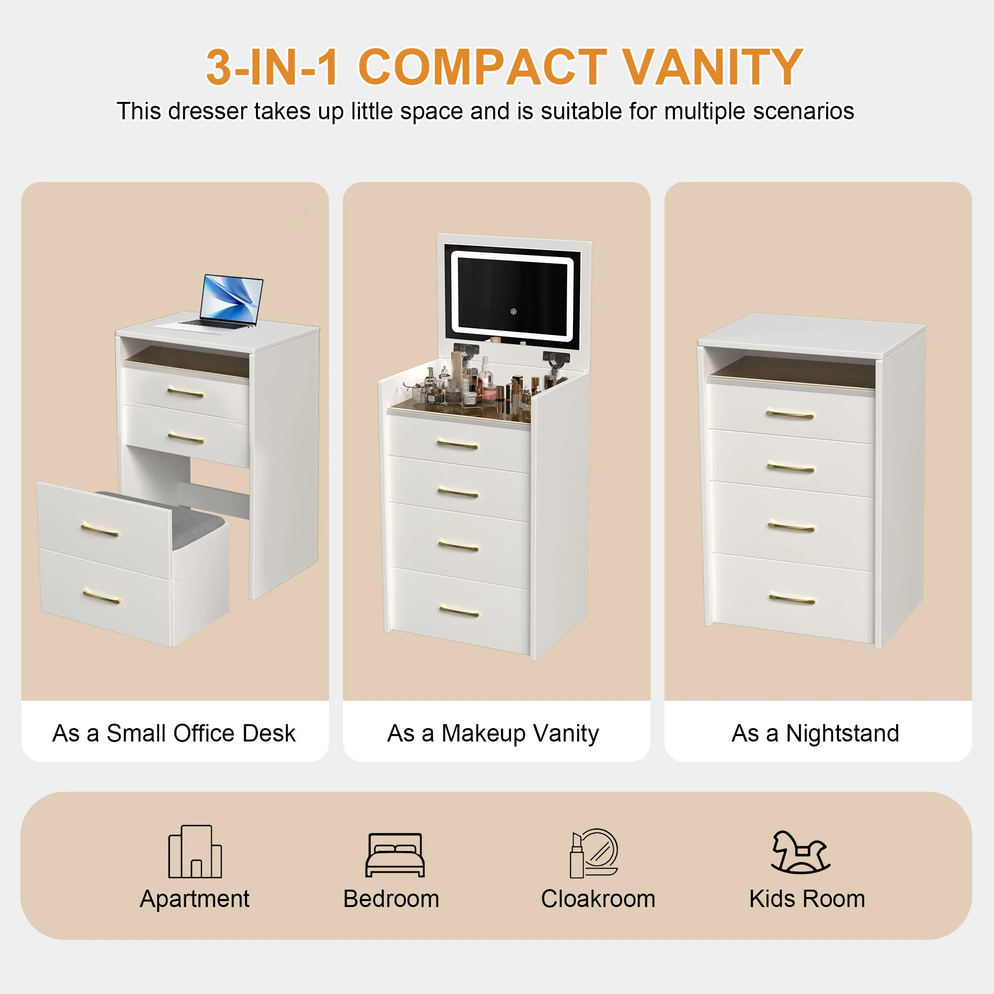 Compact 3 In 1 Vanity Desk With Open Top Mirror, Glass Desktop, 5 Height - White - Image 3