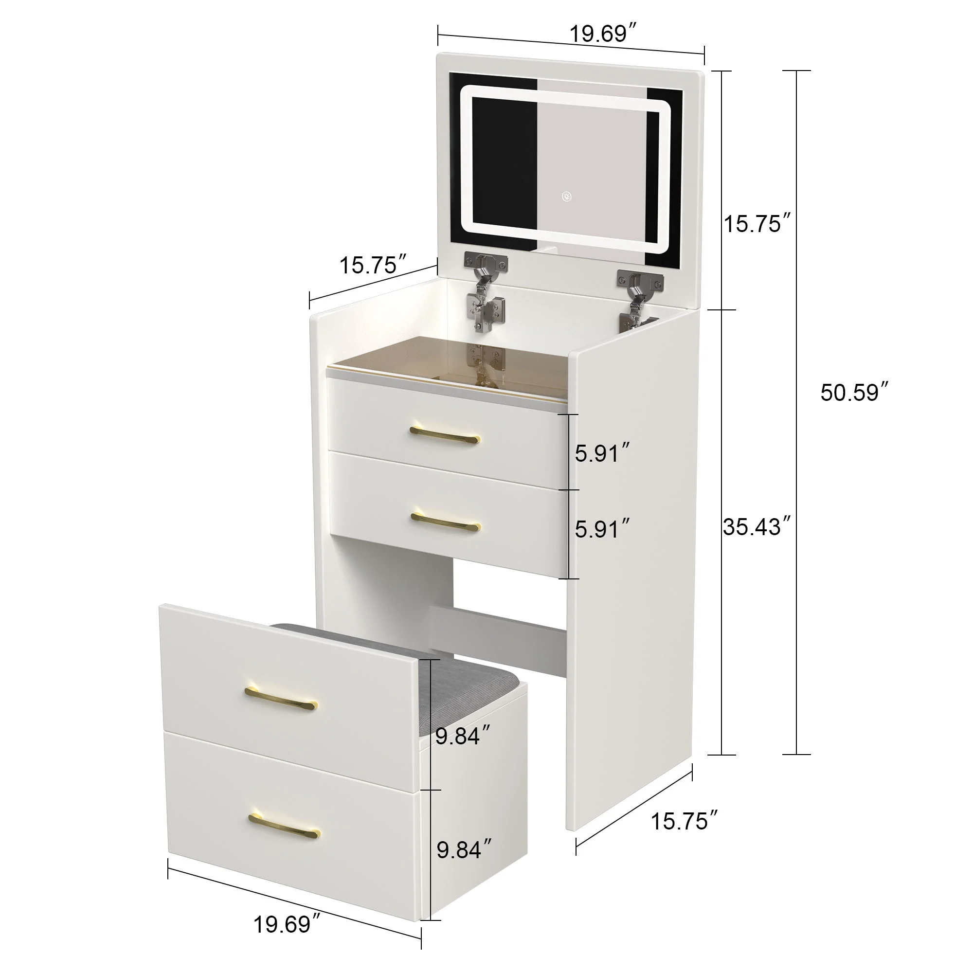 Compact 3 In 1 Vanity Desk With Open Top Mirror, Glass Desktop, 5 Height - White - Image 4