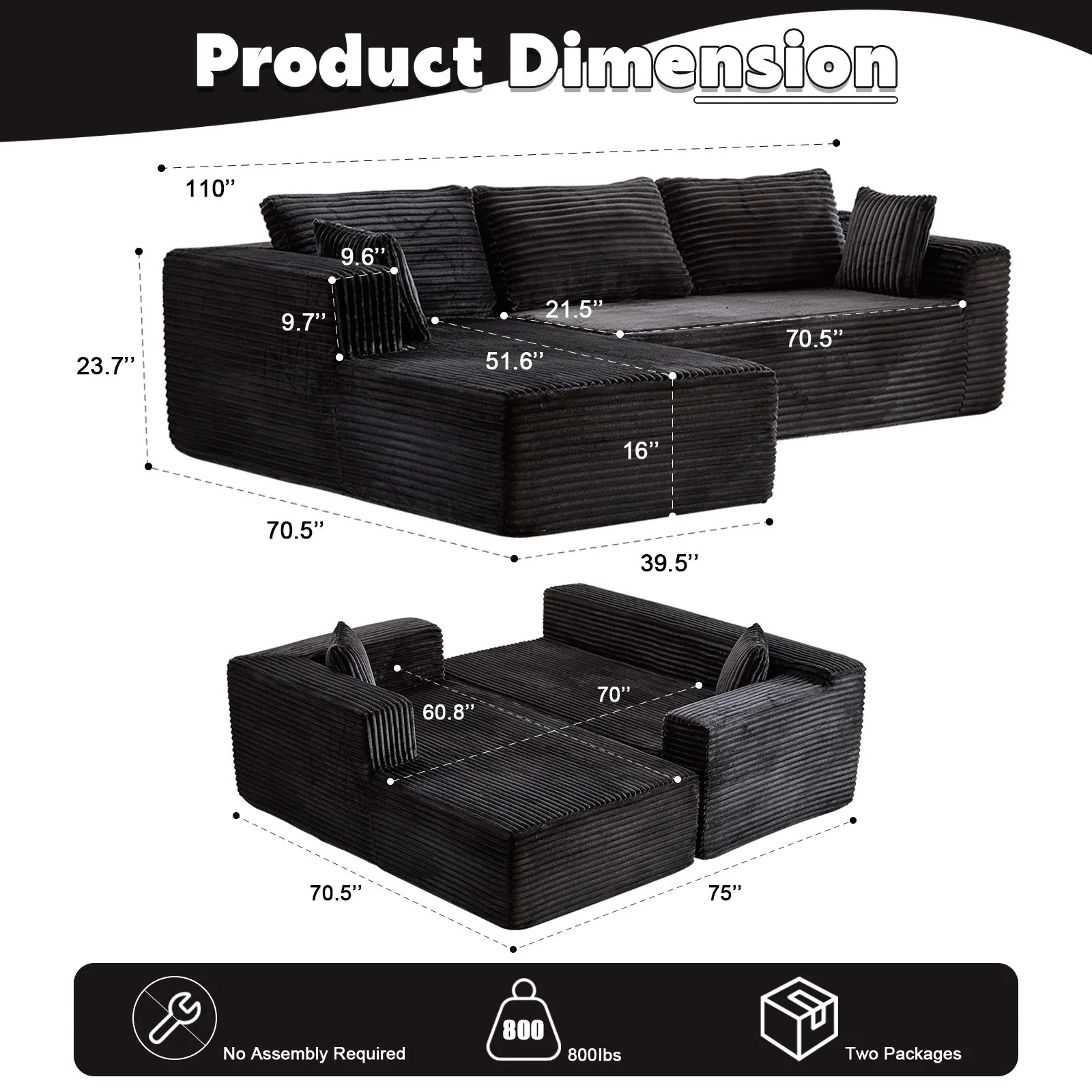 Compression Sectional Couch With Comfy Chaise, Boneless L Shape Sofa With Deep Seat - Image 26