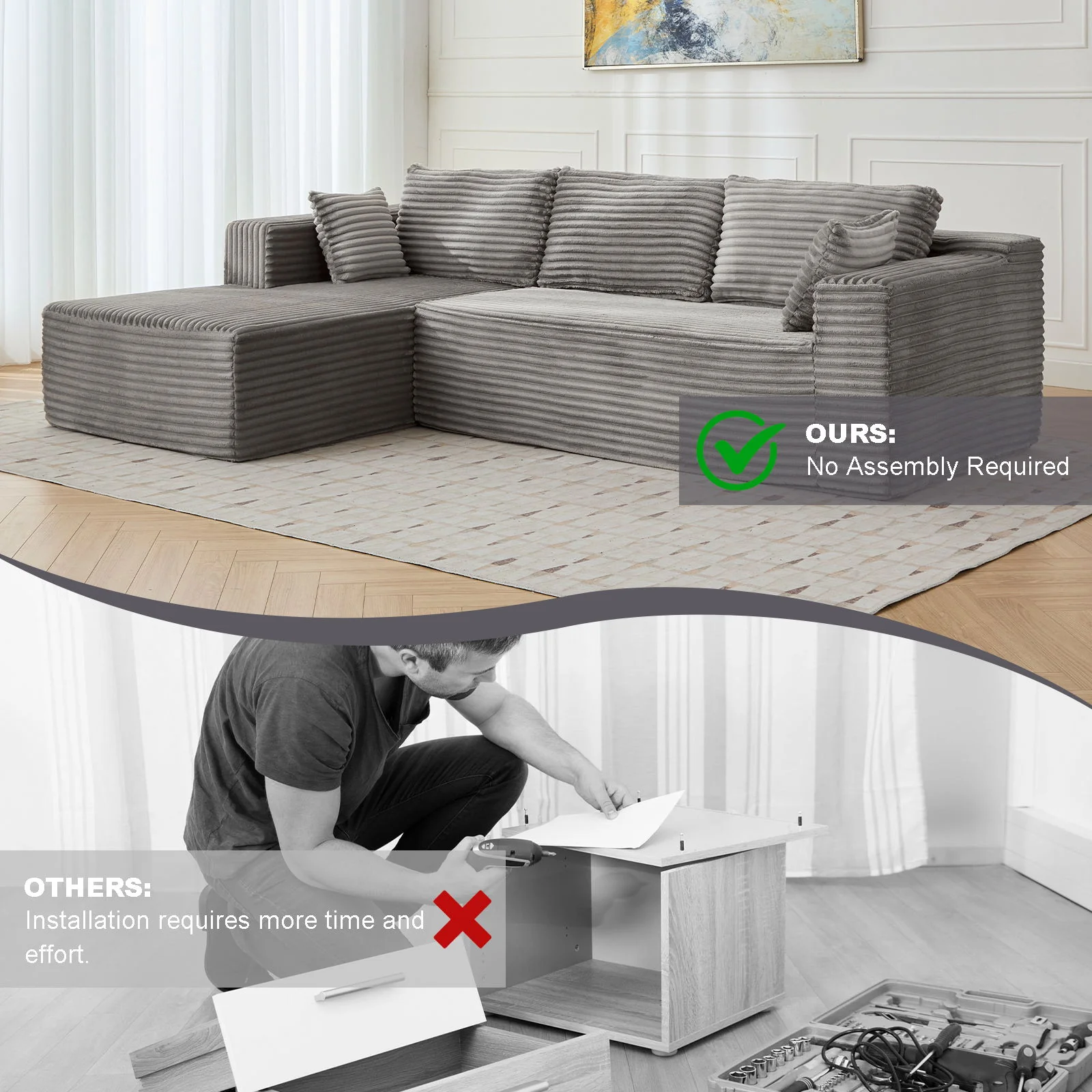 Compression Sectional Couch With Comfy Chaise, Boneless L Shape Sofa With Deep Seat - Image 8