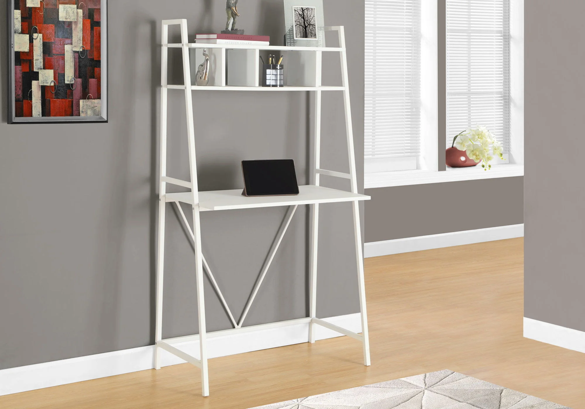 Computer Desk For Home Office, Laptop, Leaning, Storage Shelves, Contemporary & Modern - White - Image 2