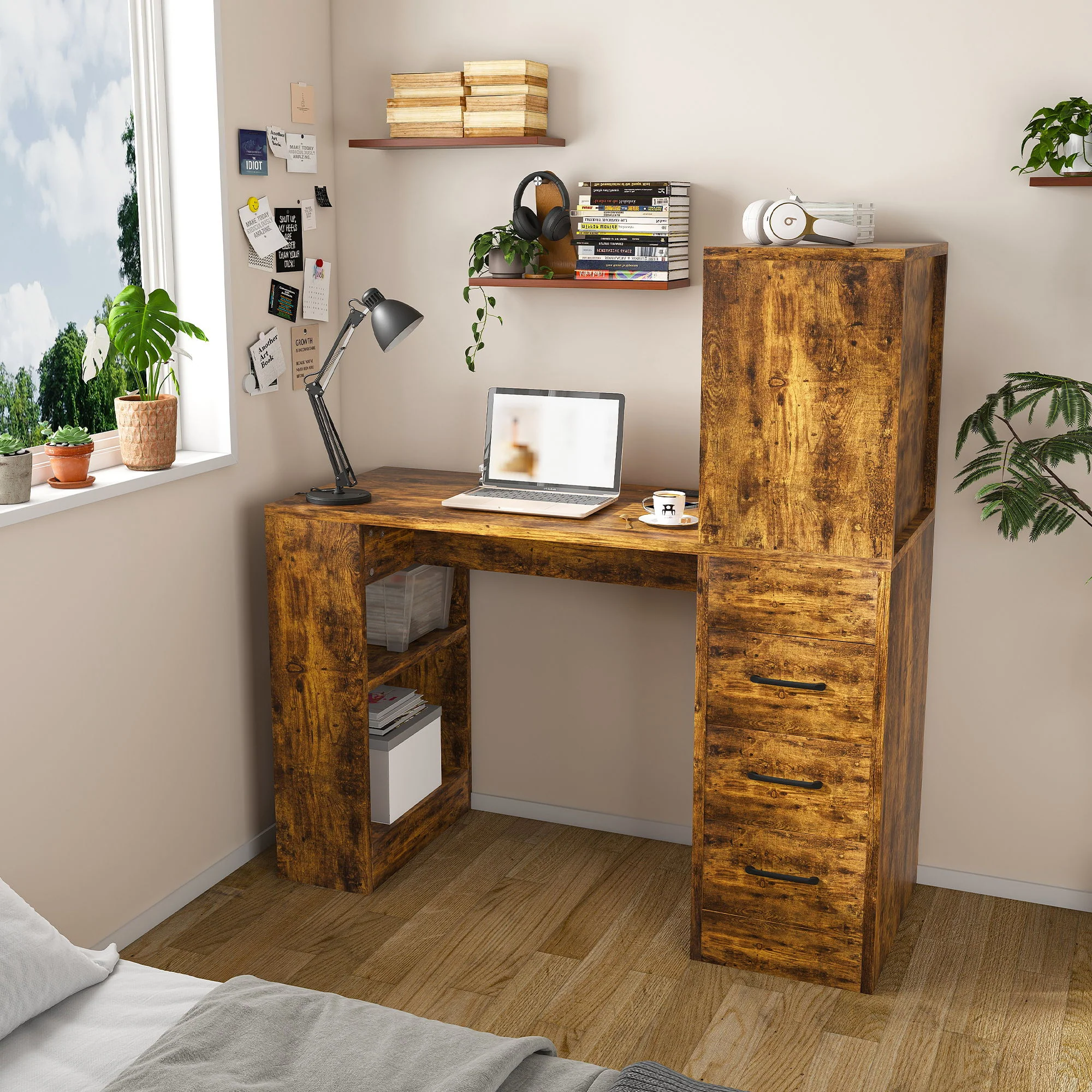 Computer Desk With 4 In 1 Socket & 3 Drawers, 4 Tier Shelves - Image 3