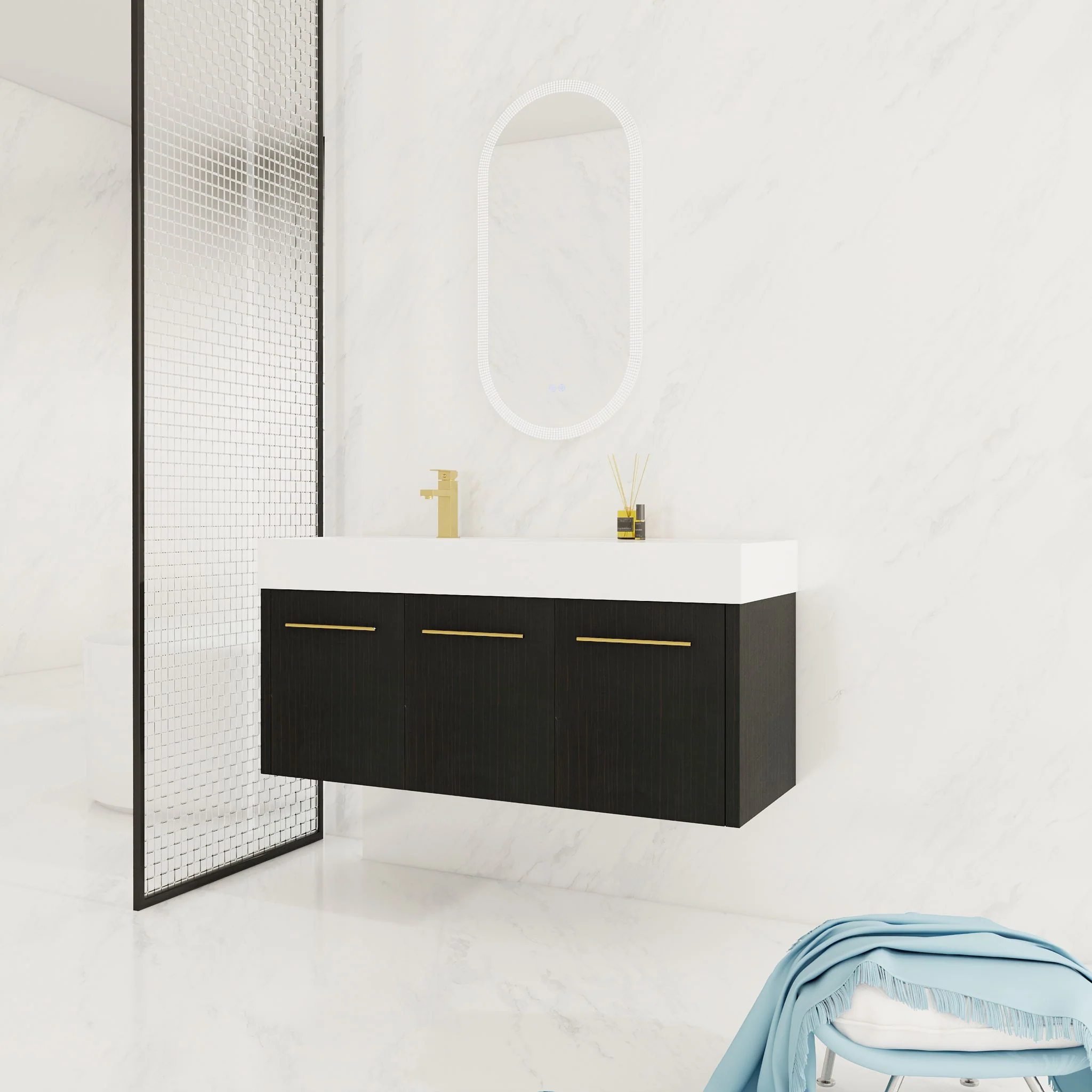 Contemporary 48" Wall Mounted Bathroom Vanity With Resin Sink And Soft Closing Doors And Line - Black Chestnut - Image 5