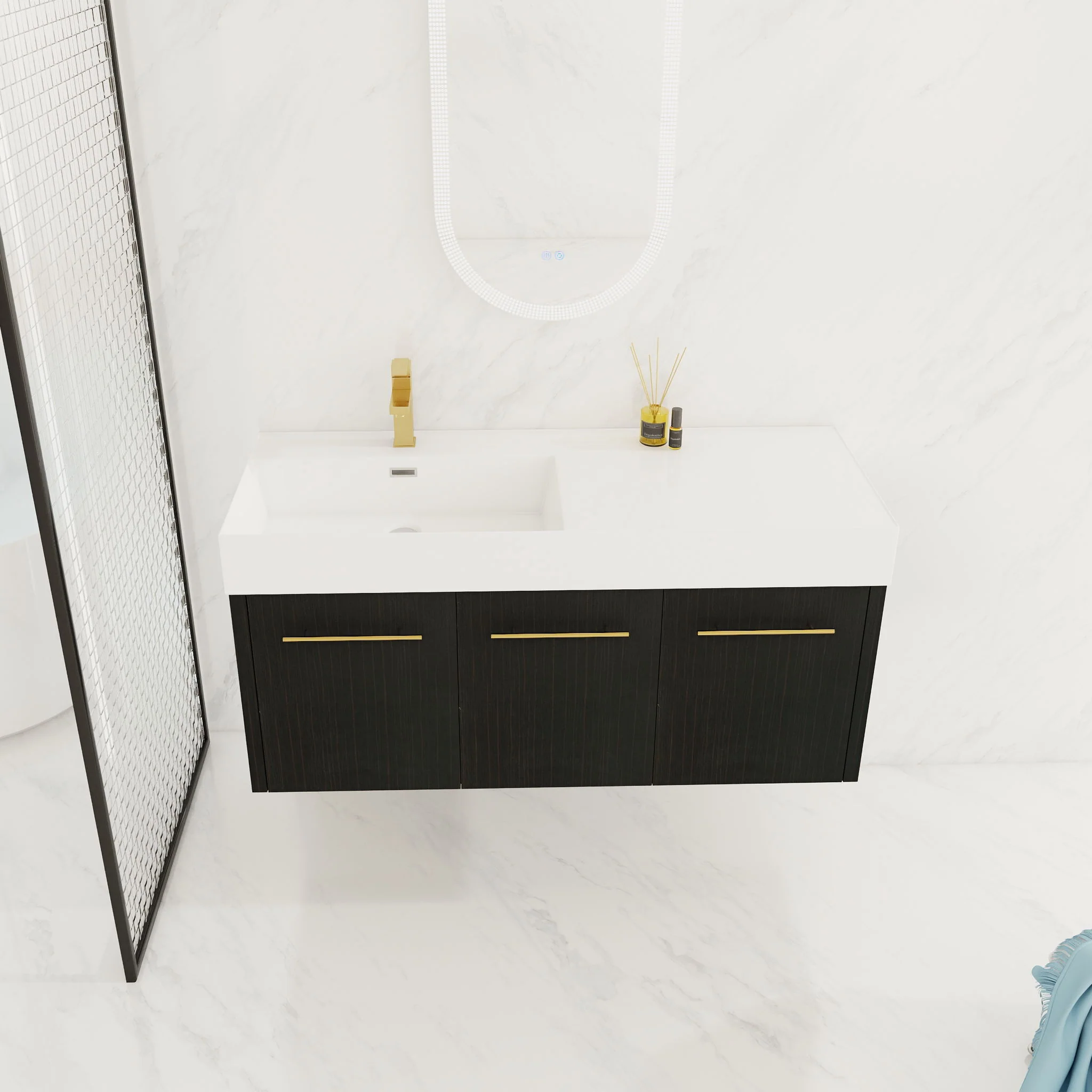Contemporary 48" Wall Mounted Bathroom Vanity With Resin Sink And Soft Closing Doors And Line - Black Chestnut - Image 7