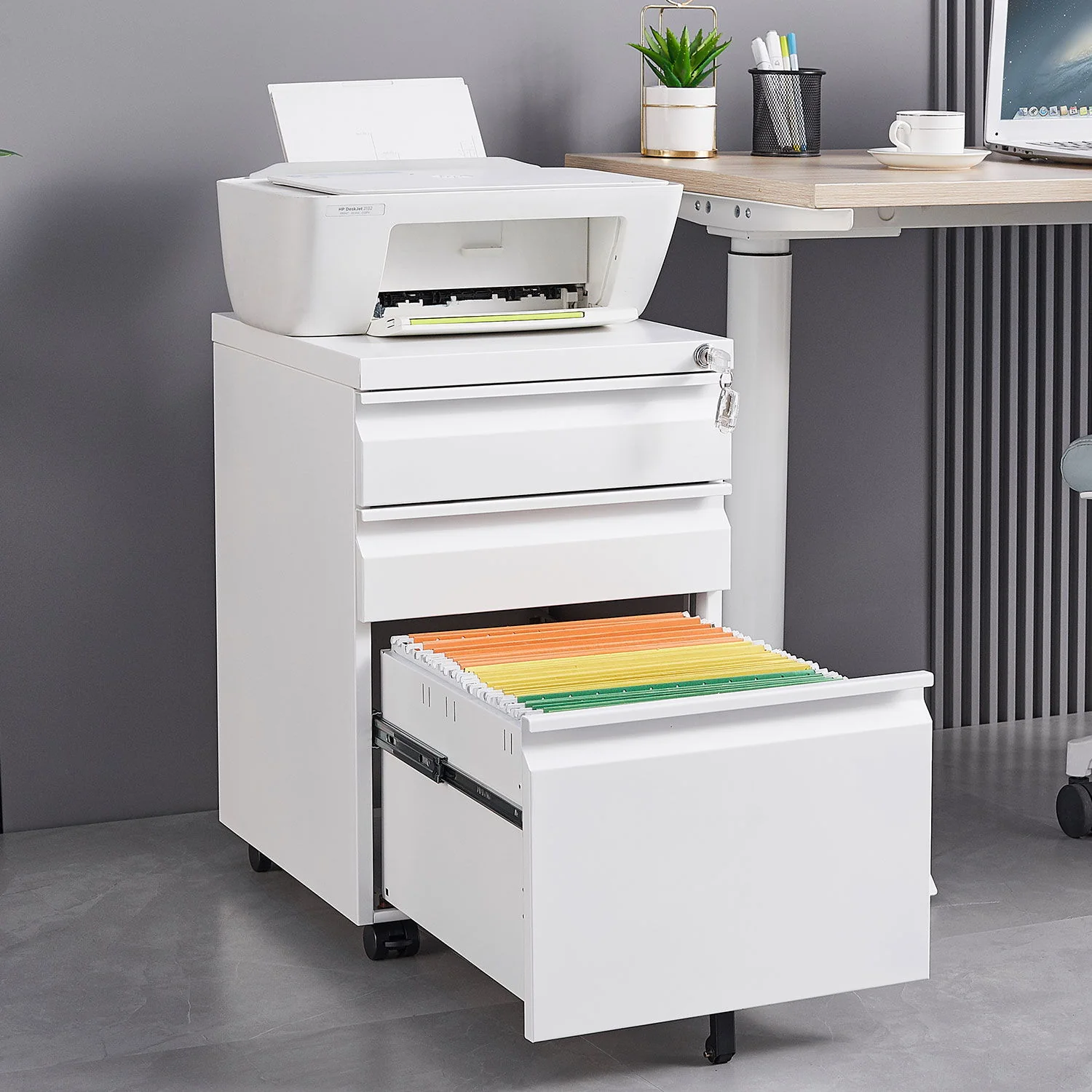 Contemporary 3 Drawer Mobile Filing Cabinet With Lock, Metal Office Storage For Legal / Letter Size - Image 13