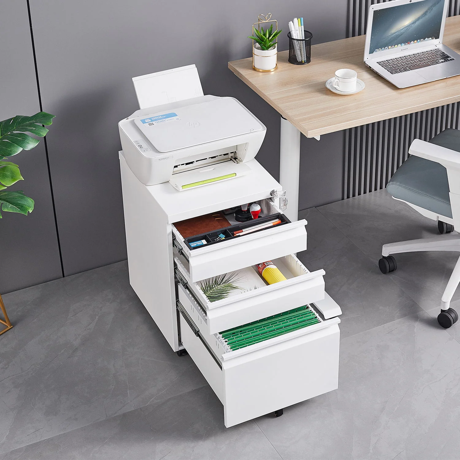 Contemporary 3 Drawer Mobile Filing Cabinet With Lock, Metal Office Storage For Legal / Letter Size - Image 4