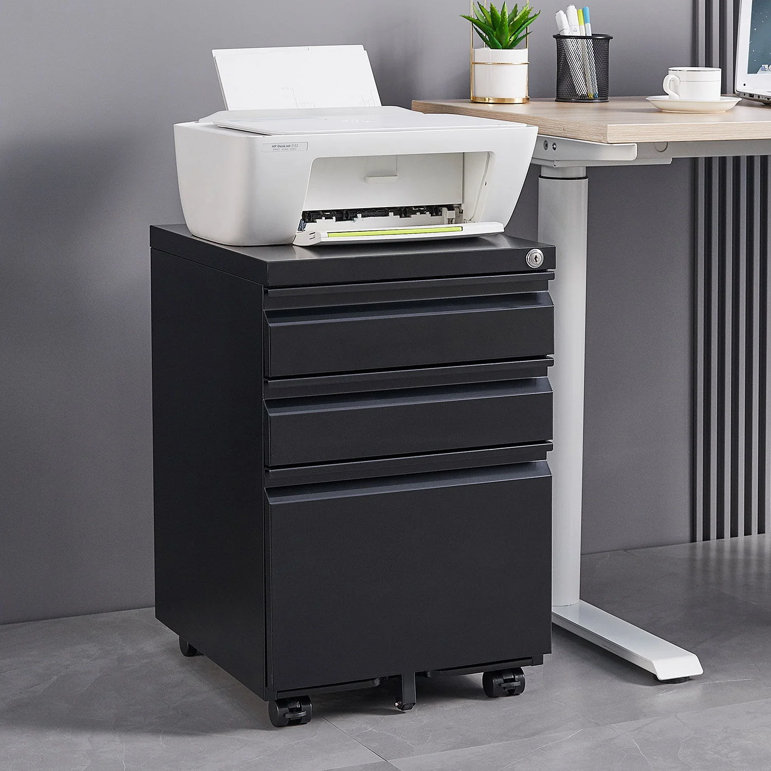 Contemporary 3 Drawer Mobile Filing Cabinet With Lock, Metal Office Storage For Legal / Letter Size - Image 9