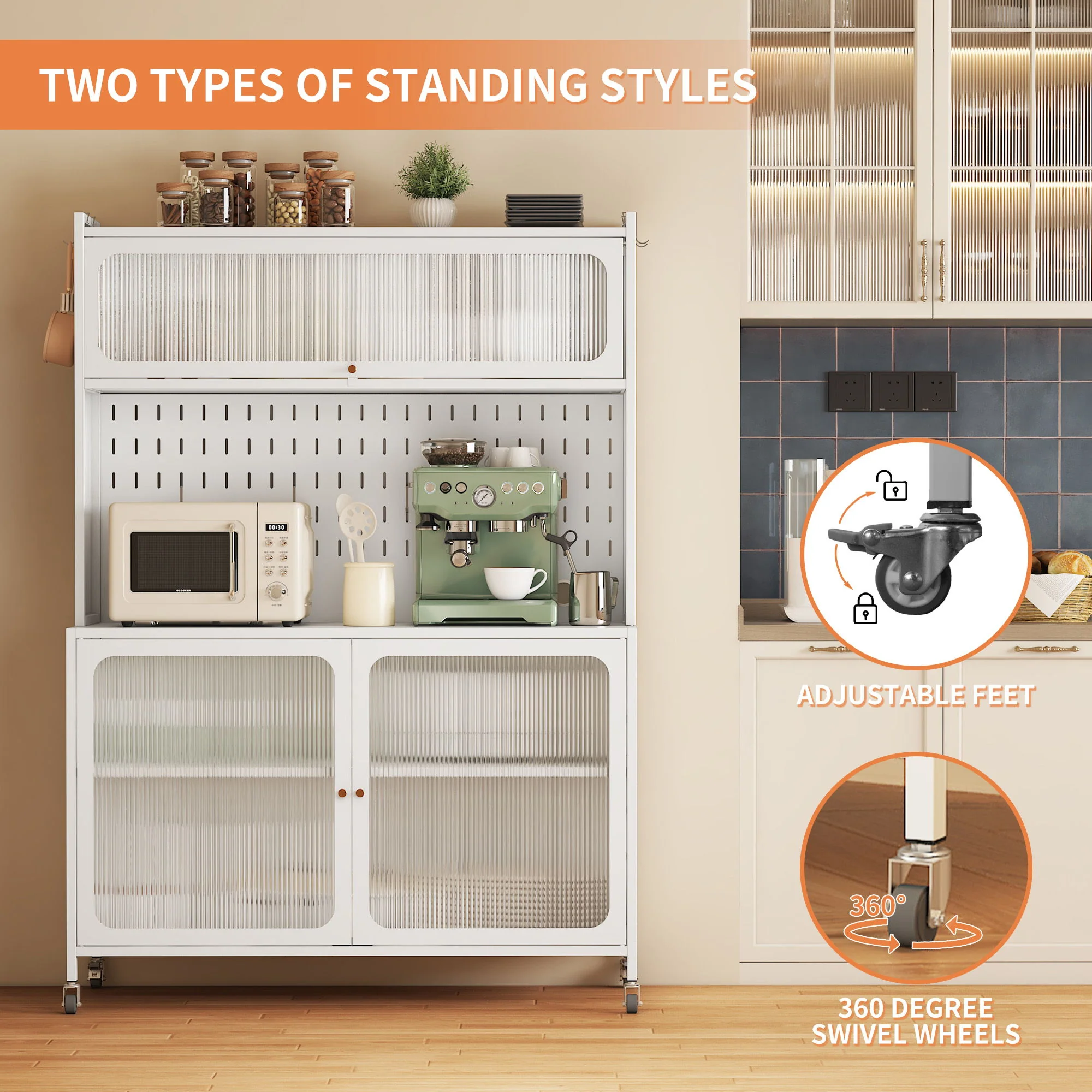 Contemporary Kitchen Pantry Cabinet With Glass Doors, Adjustable Shelves, Steel - Brushed Nickel - Image 4