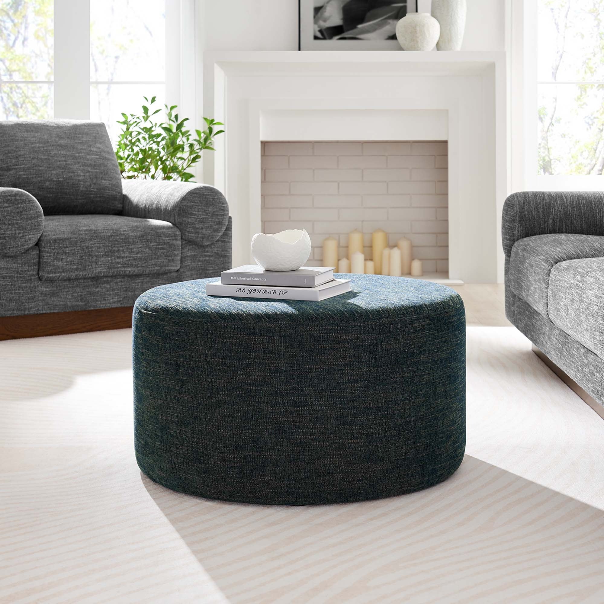 Round Woven Heathered Fabric Upholstered Ottoman – 29 Inch - Image 9