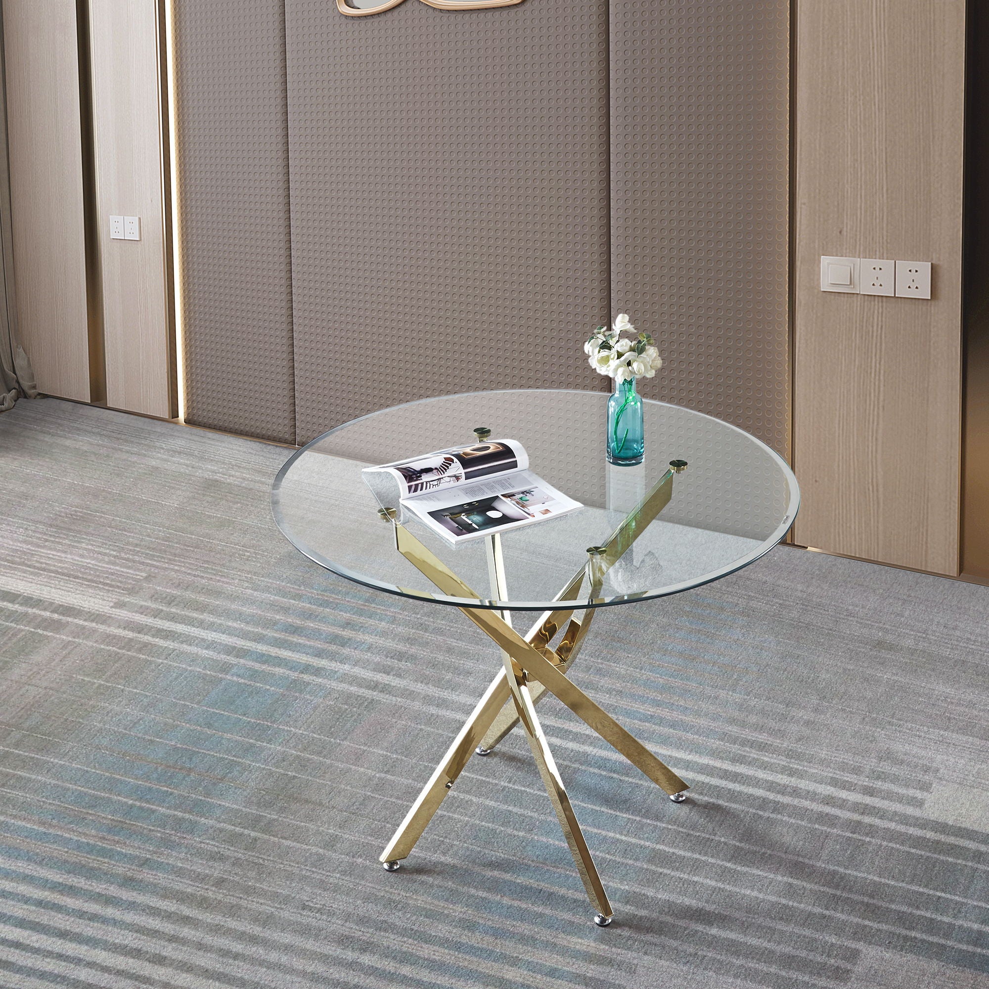 Contemporary Round Clear Dining Tempered Glass Table With Gold Finish Stainless Steel Legs - Gold - Image 4