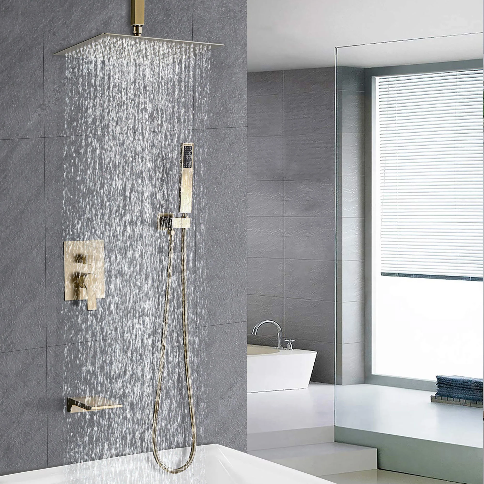 Contemporary Shower System With 12" Rainfall Head And Handheld Spray, Wall Mounted - Image 15
