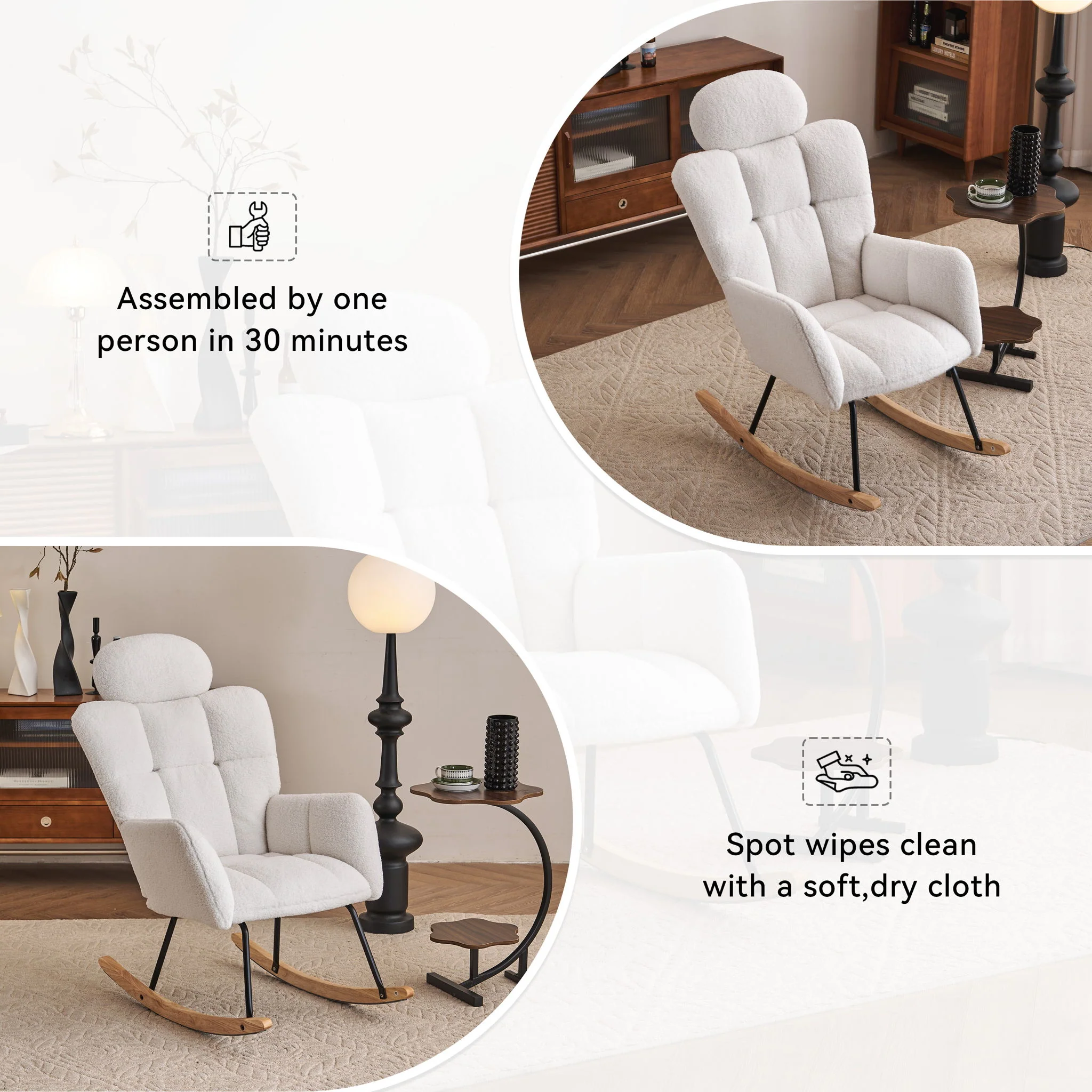 Contemporary Teddy Fabric Upholstered Nursery Rocking Glider Chair With High Backrest And Pillow - Image 3
