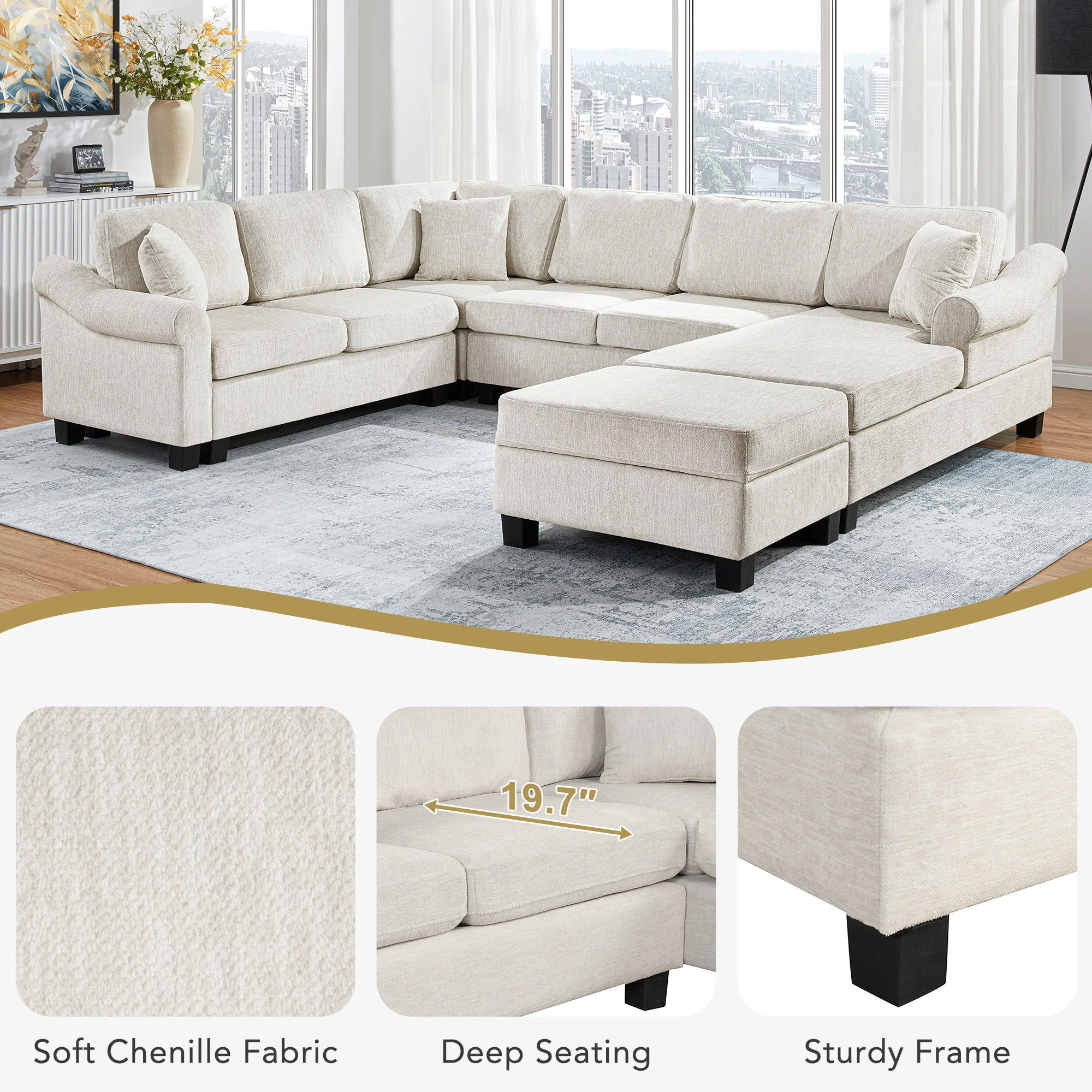 Contemporary U - Shaped Sectional Sofa With Movable Storage Ottoman - Image 10