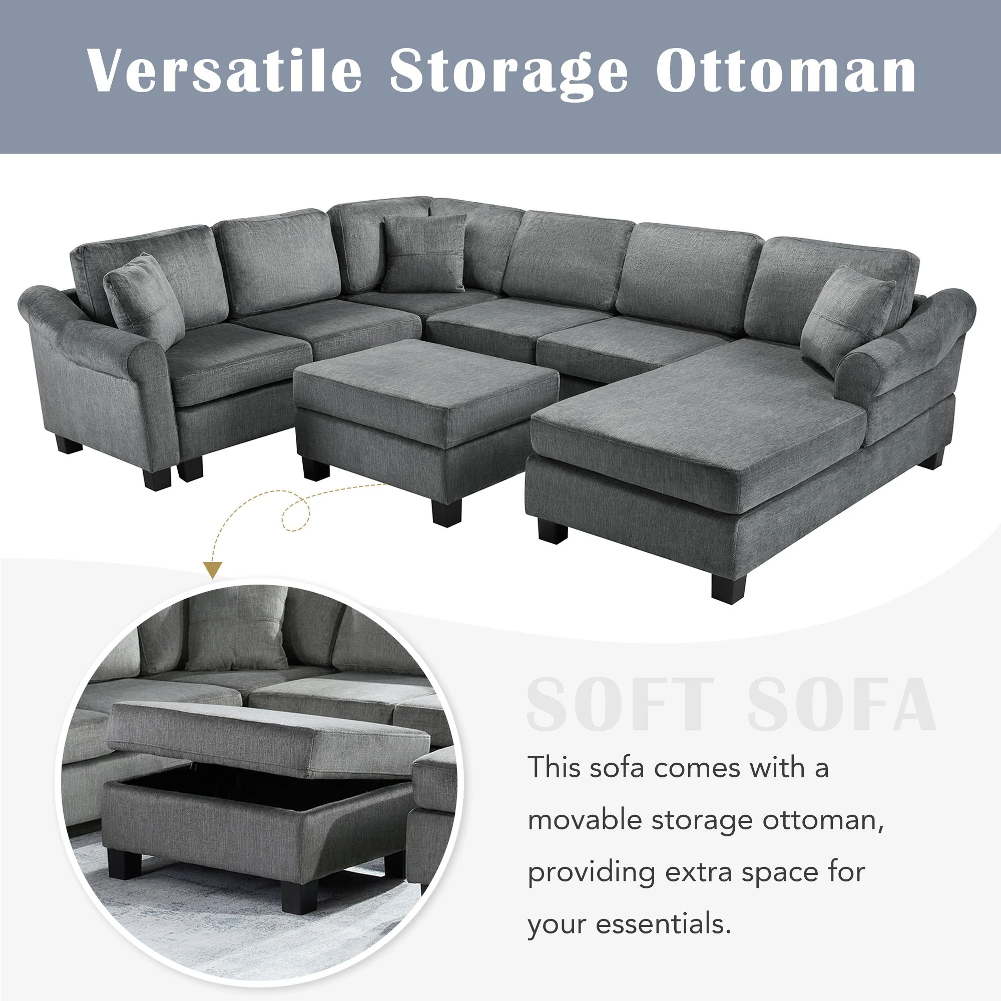 Contemporary U - Shaped Sectional Sofa With Movable Storage Ottoman - Image 13