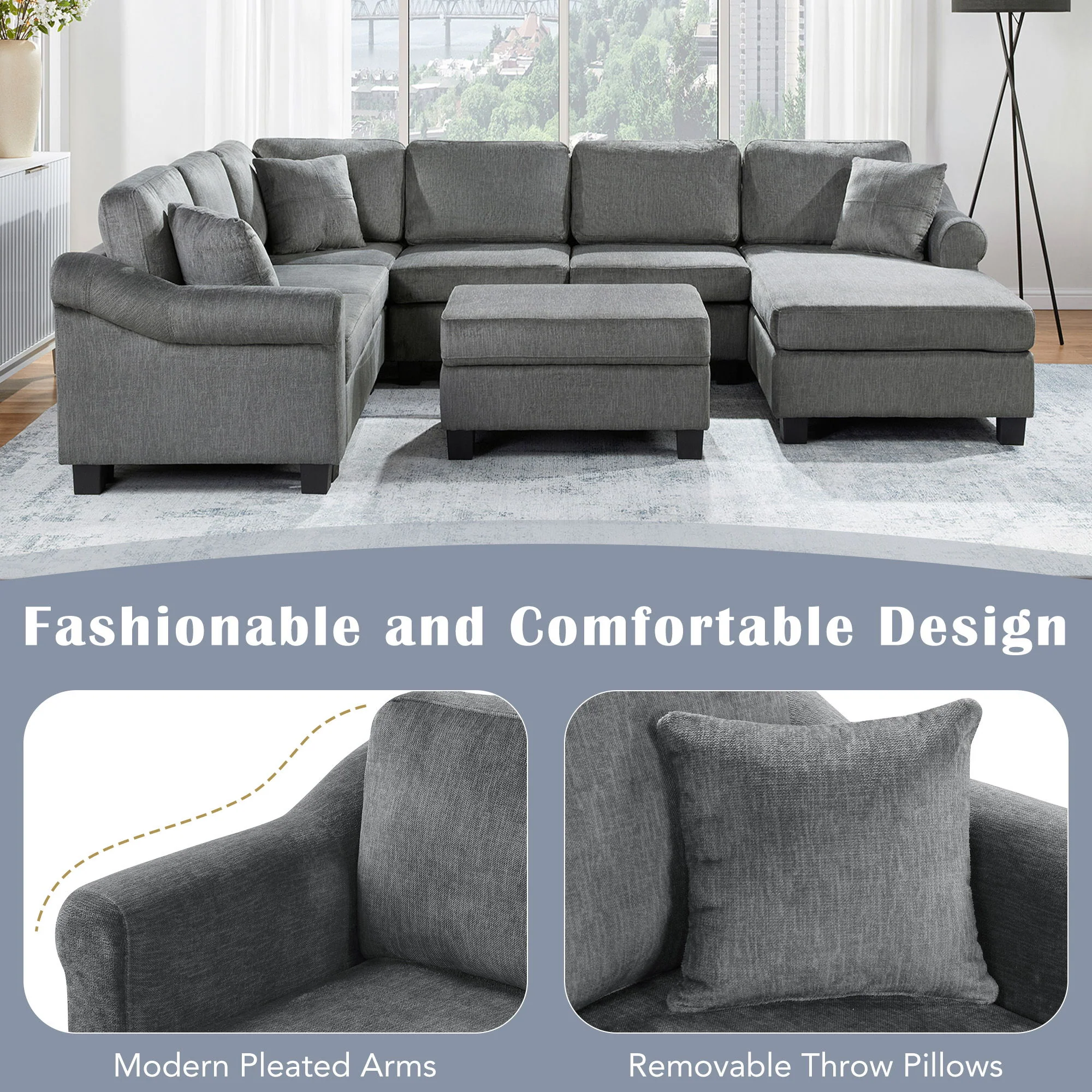 Contemporary U - Shaped Sectional Sofa With Movable Storage Ottoman - Image 16