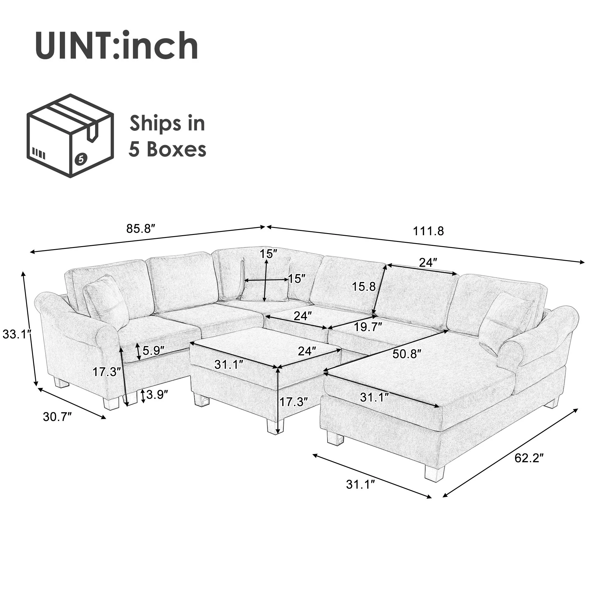 Contemporary U - Shaped Sectional Sofa With Movable Storage Ottoman - Image 6