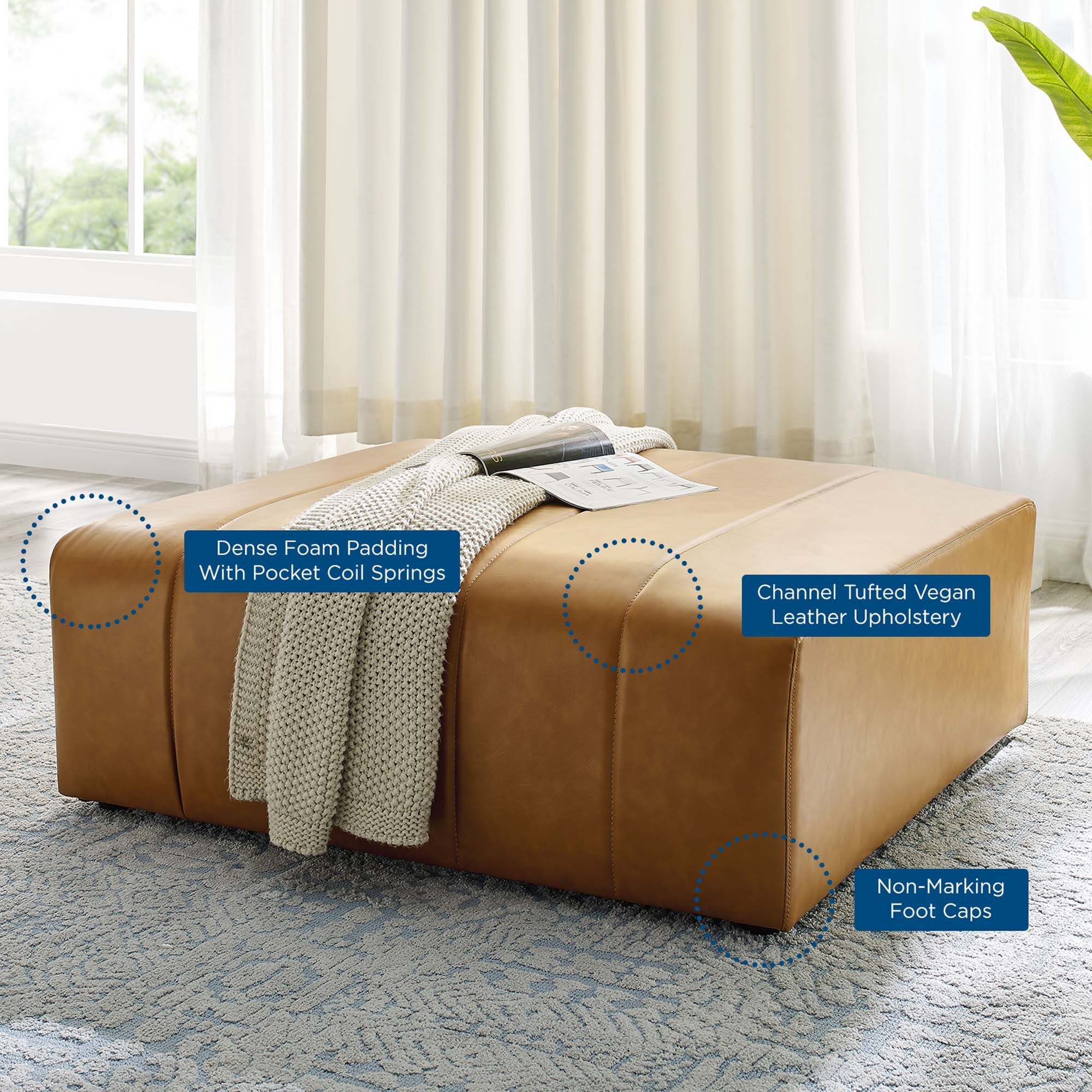Channel Tufted Vegan Leather Upholstered Ottoman – 43 Inch - Image 4