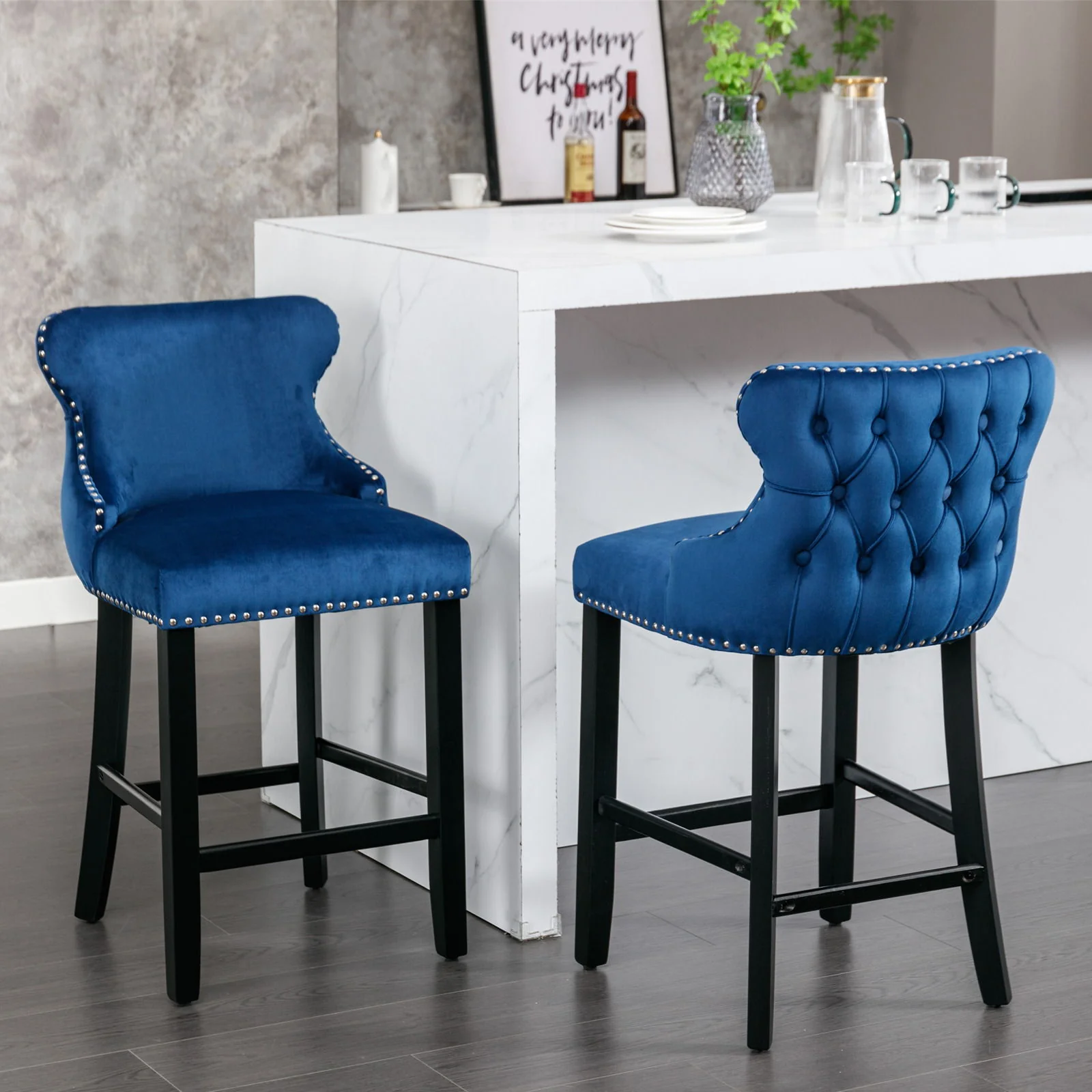 Contemporary Upholstered Wing-Back Barstools With Button Tufted Decoration And Wooden Legs, And Nailhead Trim, Leisure Style Bar Chairs, Bar Stools (Set of 2) - Image 5