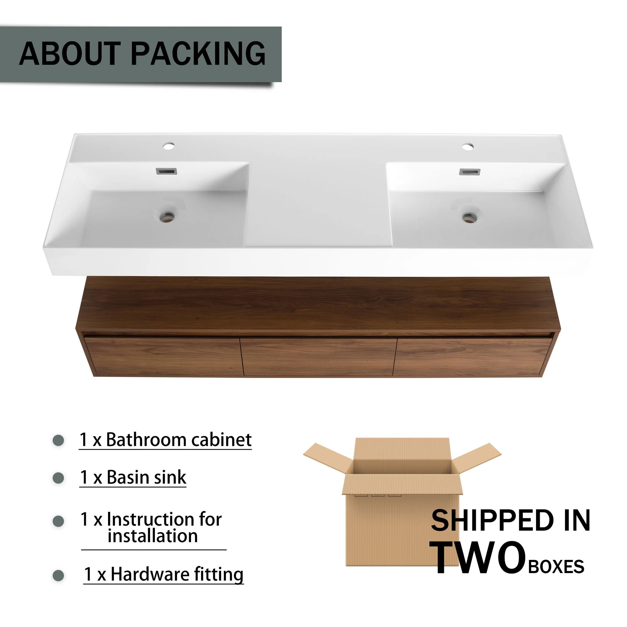 Contemporary Wall Mounted Bathroom Vanity With Dual Resin Sink And Soft Close Drawer - Image 11