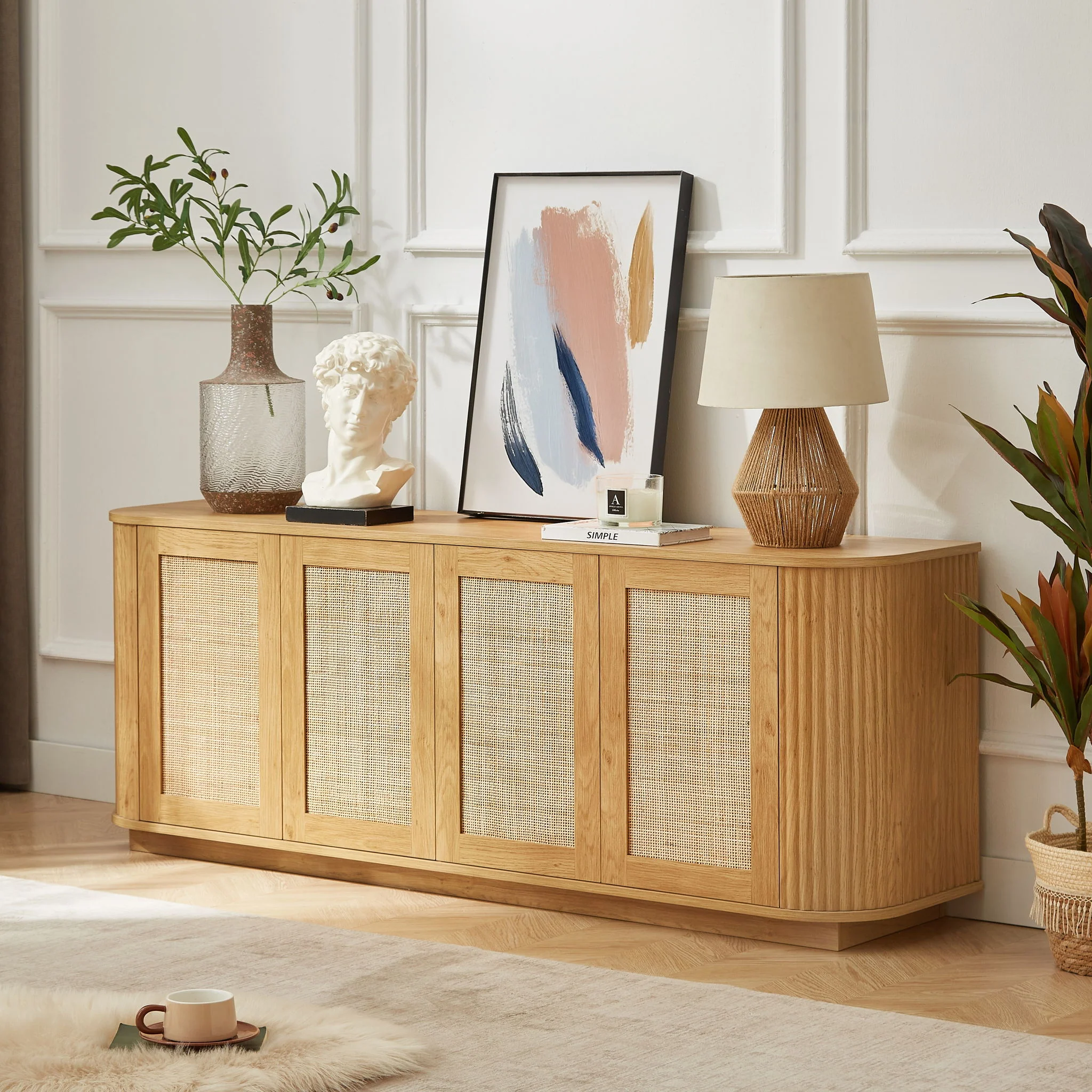 Contemporary Wave Shaped TV Stand With Rattan Doors - Image 10