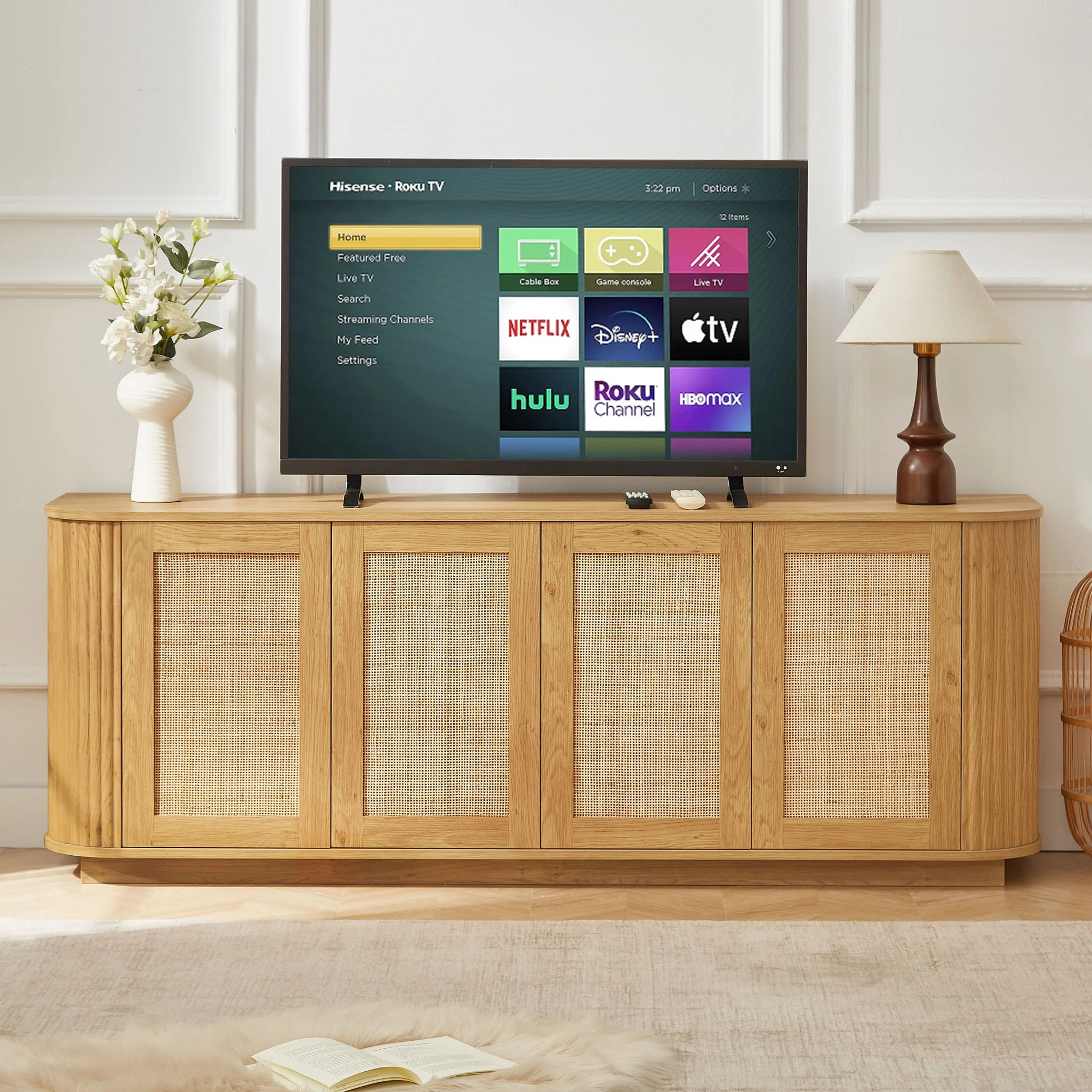 Contemporary Wave Shaped TV Stand With Rattan Doors - Image 17