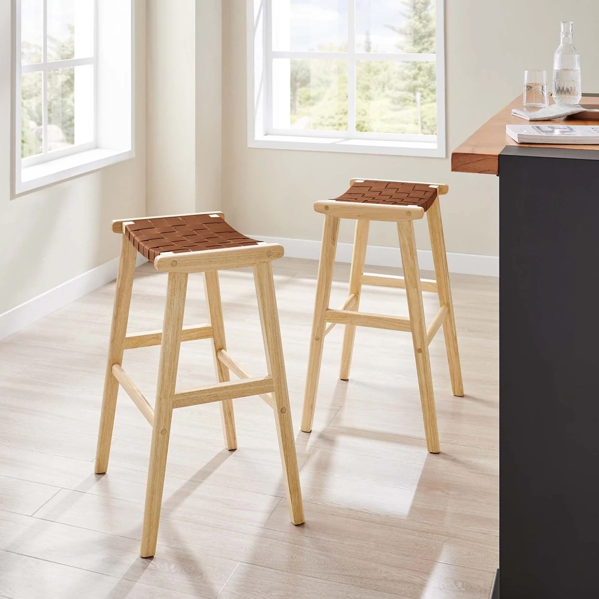 Contemporary Woven Leather and Wood Bar Stool Set of 2 - Image 5