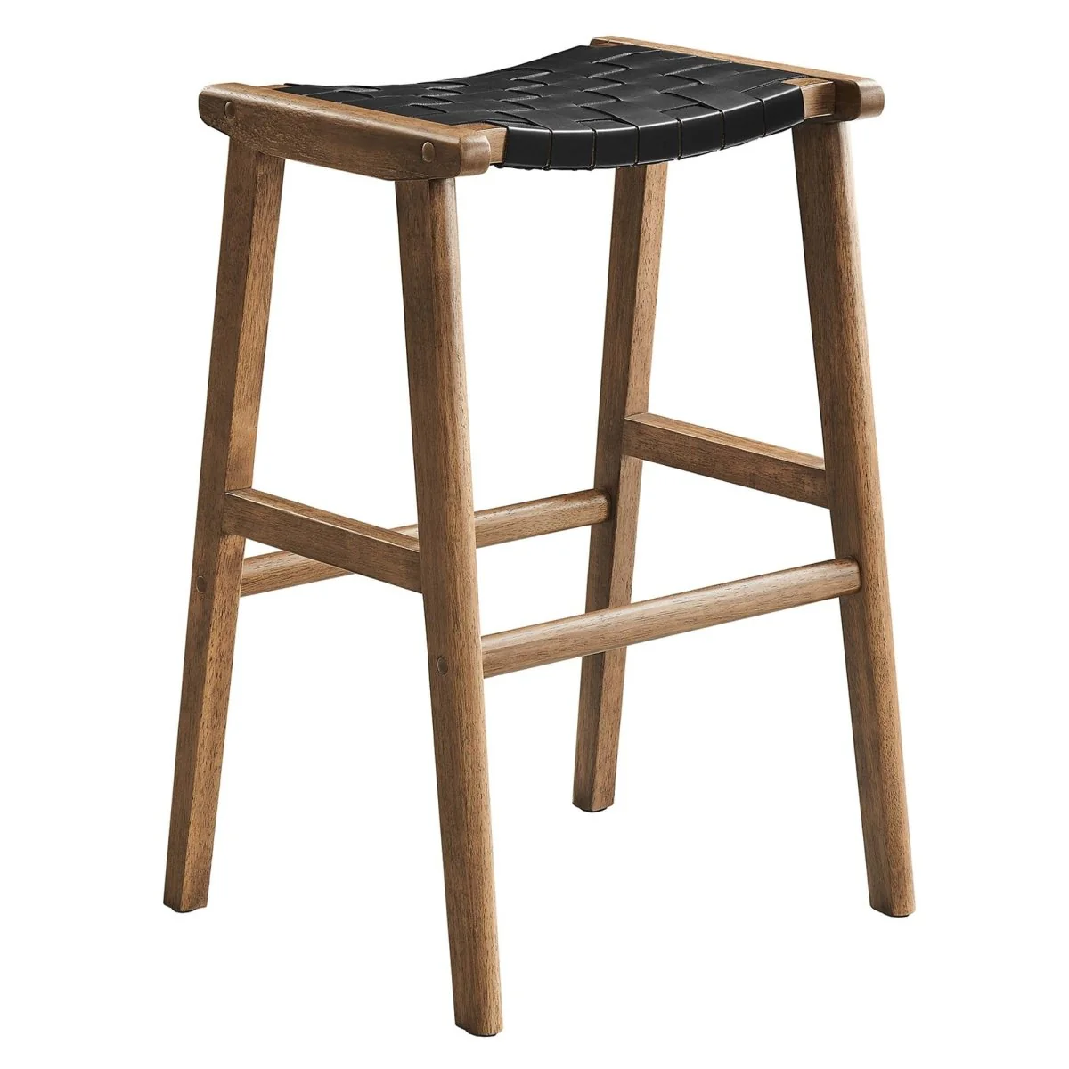 Contemporary Woven Leather and Wood Bar Stool Set of 2 - Image 7