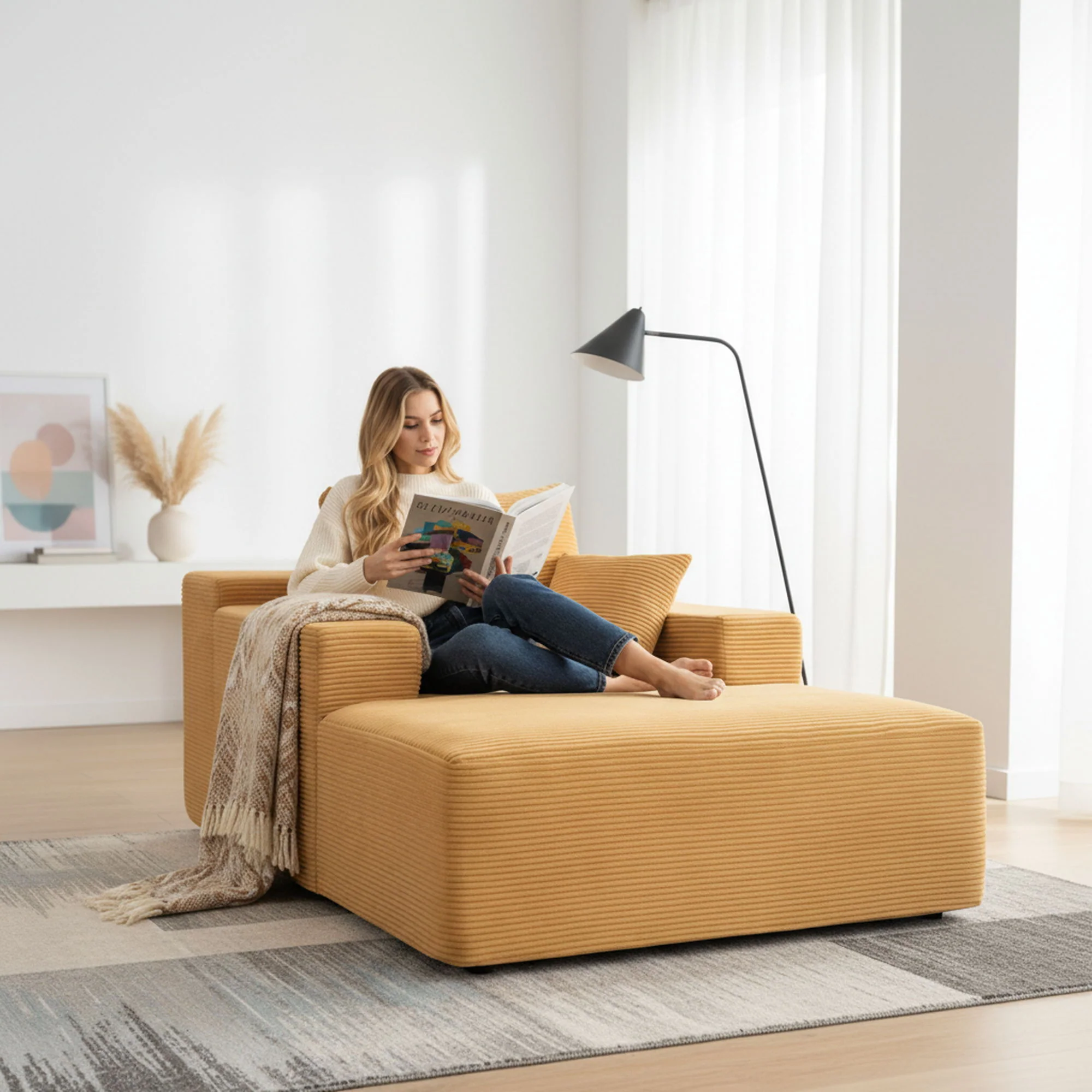 Convertible Chaise Lounge Chair With Wide Armrest & Throw Pillows - Image 6