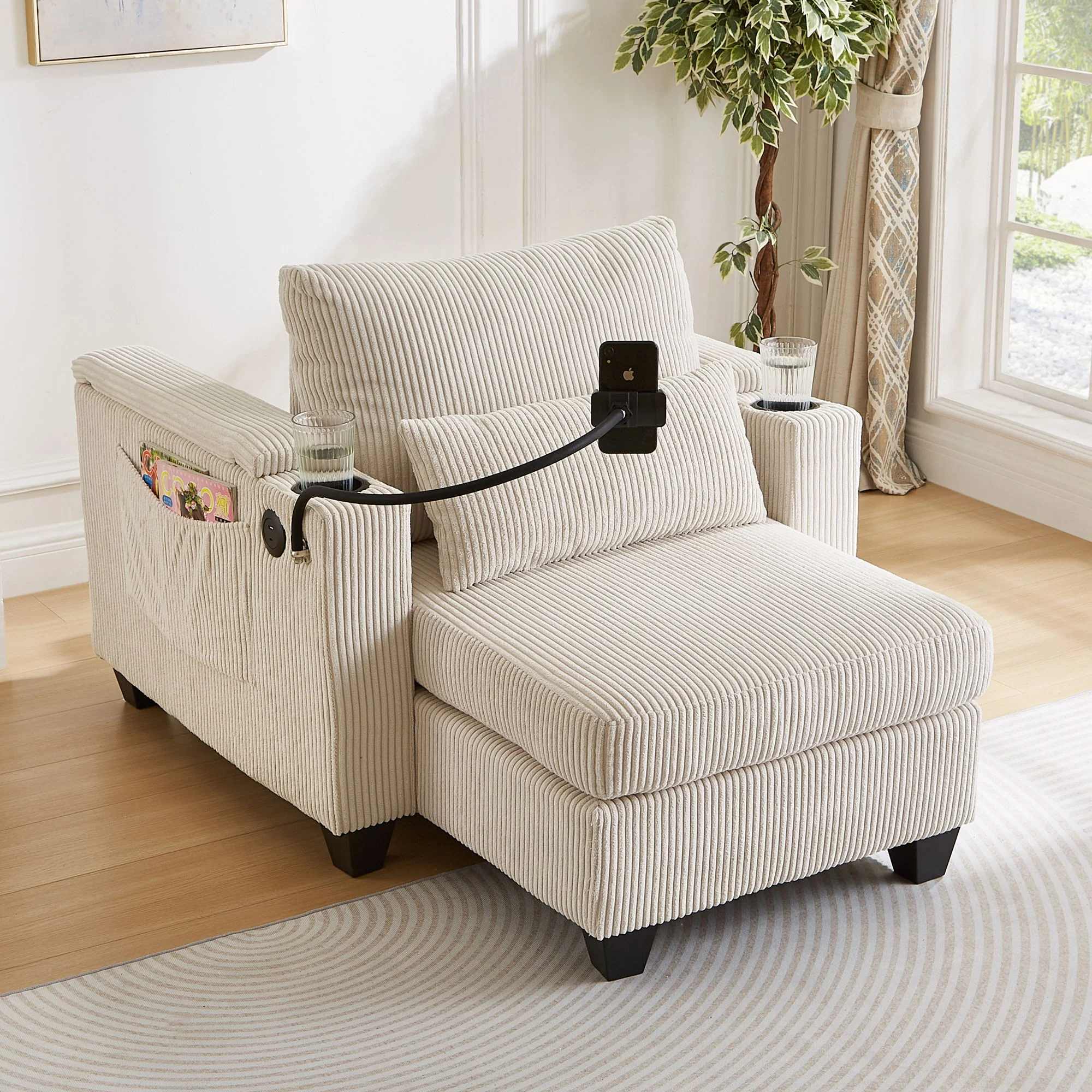 Convertible Chaise Lounge Sofa Chair With USB Ports, Cup Holders, Phone Holder And Storage - Image 31