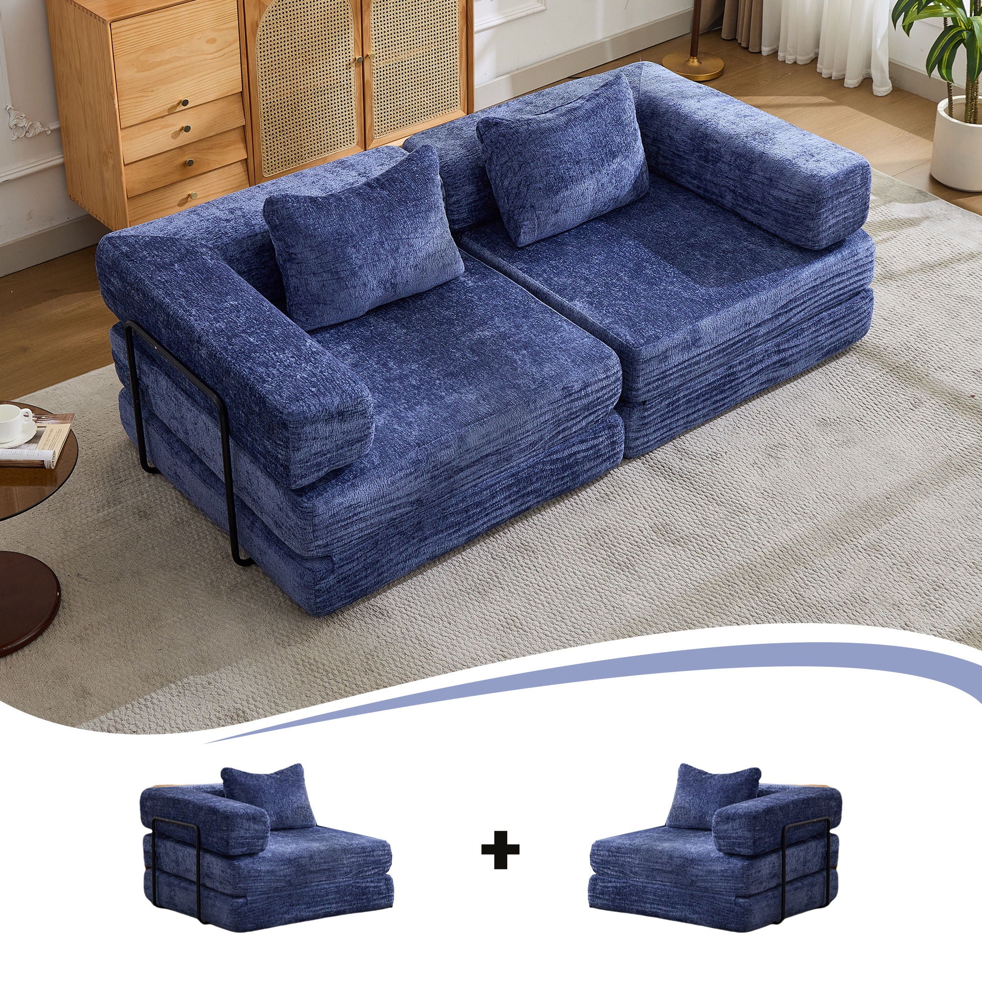 Convertible Floor Sofa Bed With Pillow Back Support Armrest - Image 61