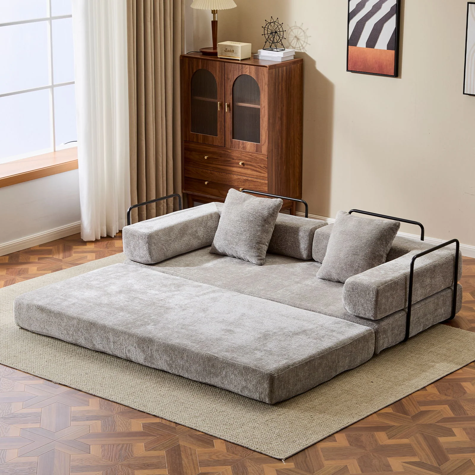 Convertible Floor Sofa Bed With Pillow Back Support Armrest - Image 78