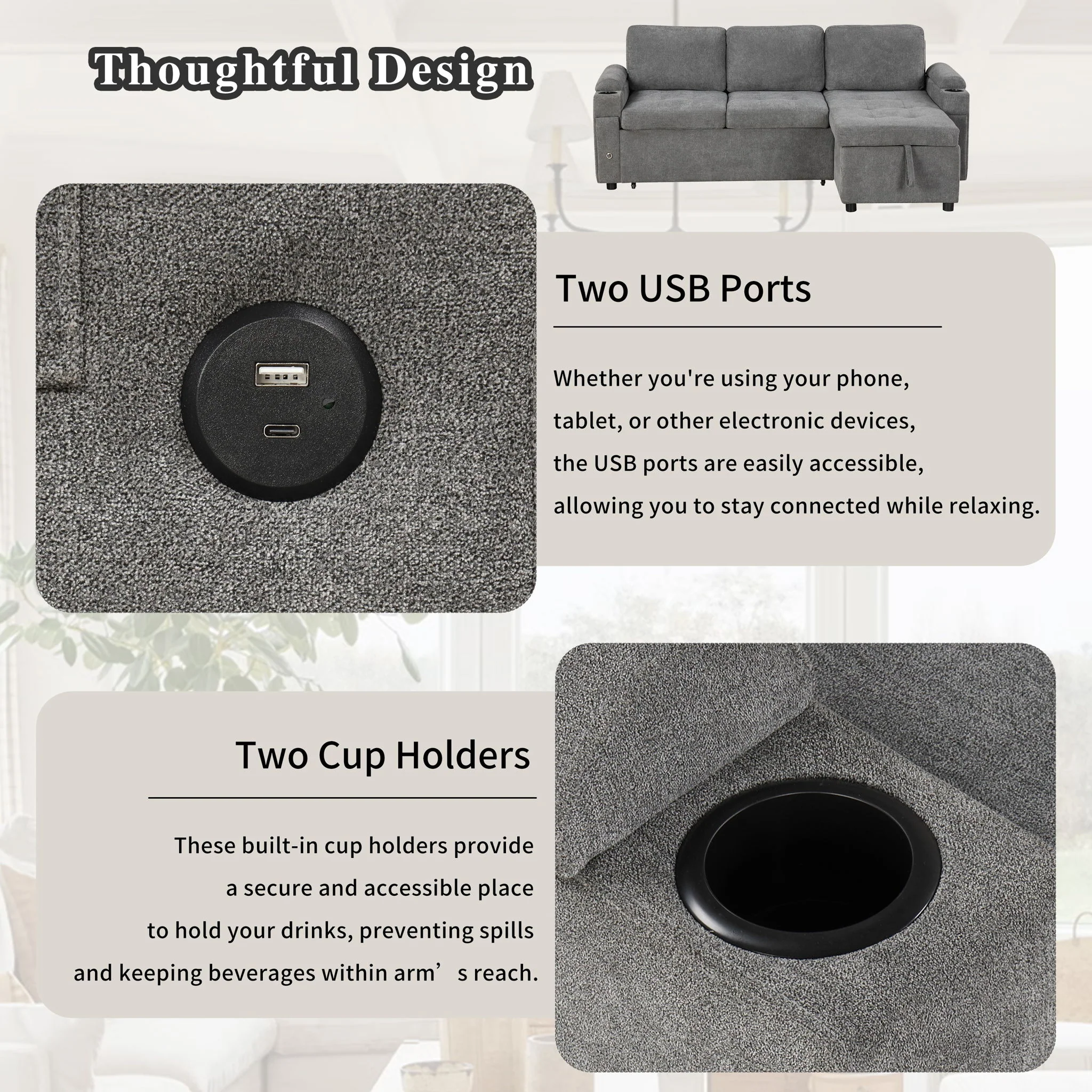 Convertible L Shaped Sofa Couch With Storage, Cup Holders, USB Ports - Image 16