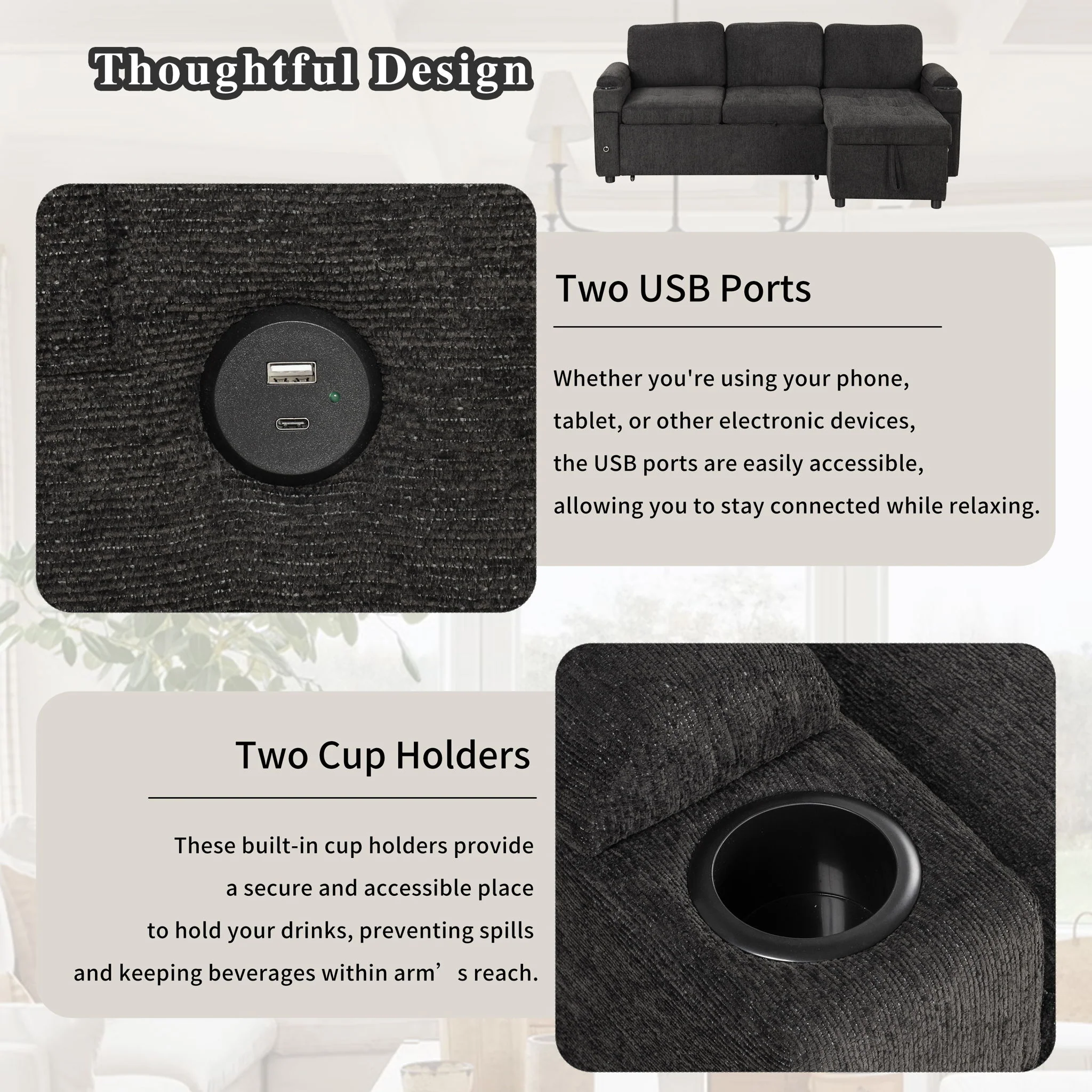 Convertible L Shaped Sofa Couch With Storage, Cup Holders, USB Ports - Image 21