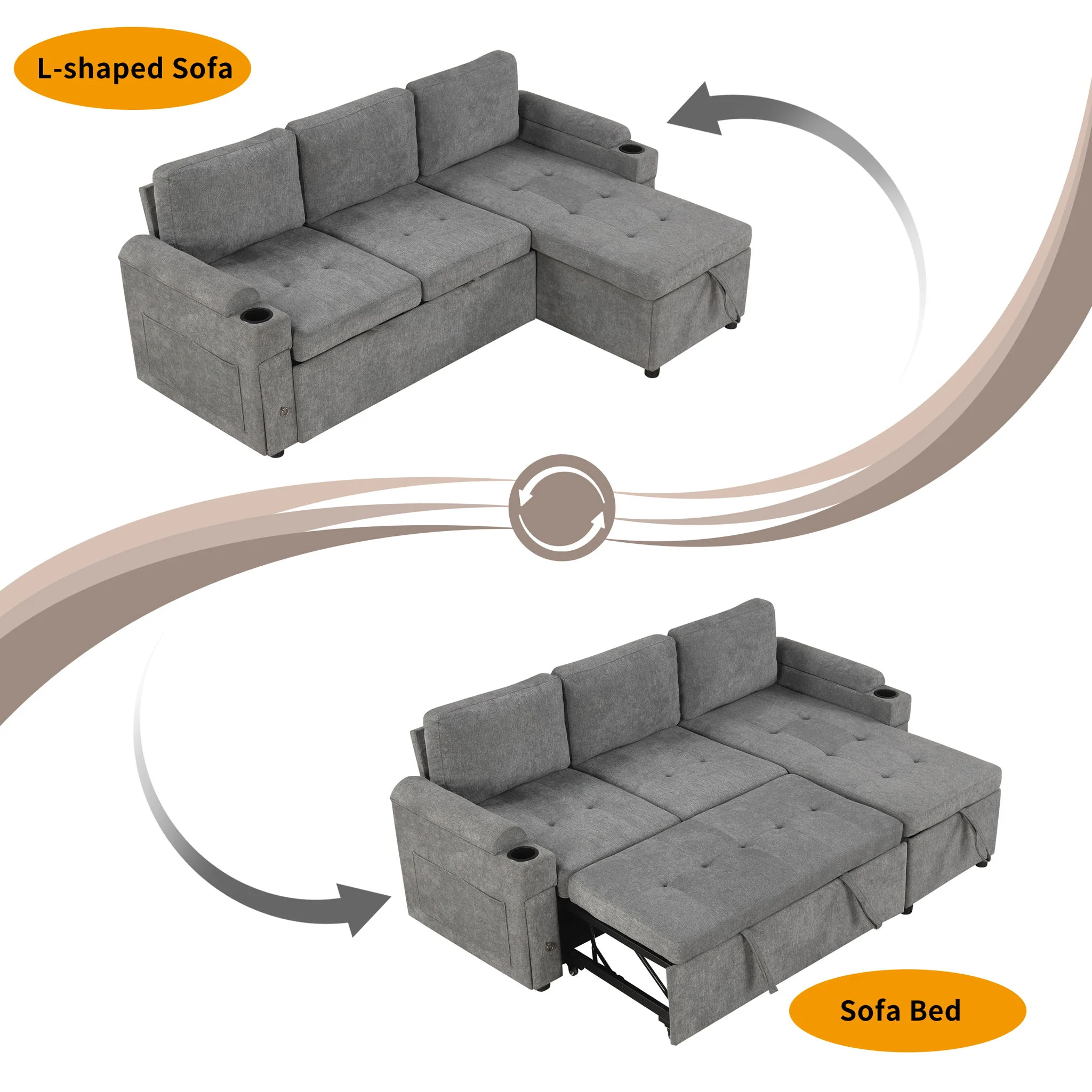 Convertible L Shaped Sofa Couch With Storage, Cup Holders, USB Ports - Image 22