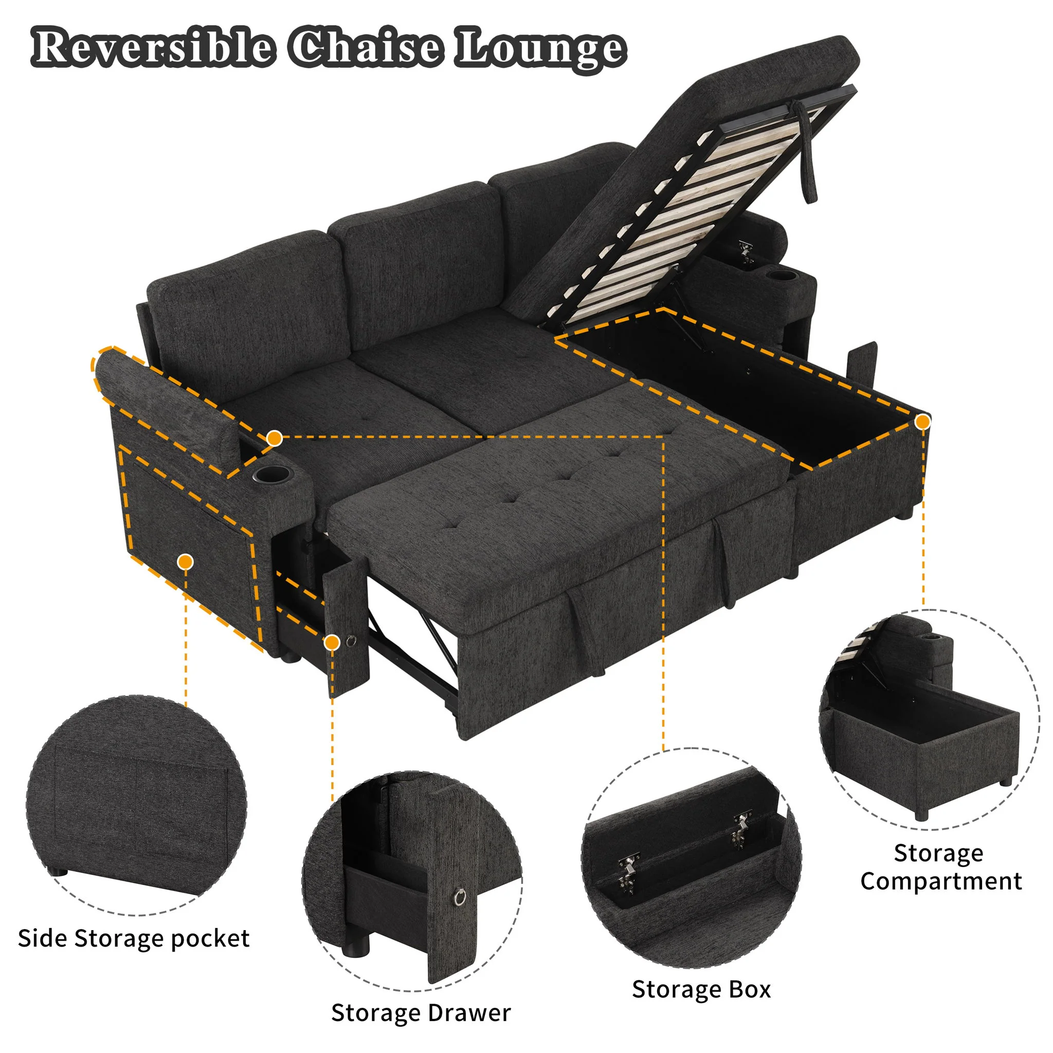 Convertible L Shaped Sofa Couch With Storage, Cup Holders, USB Ports - Image 7